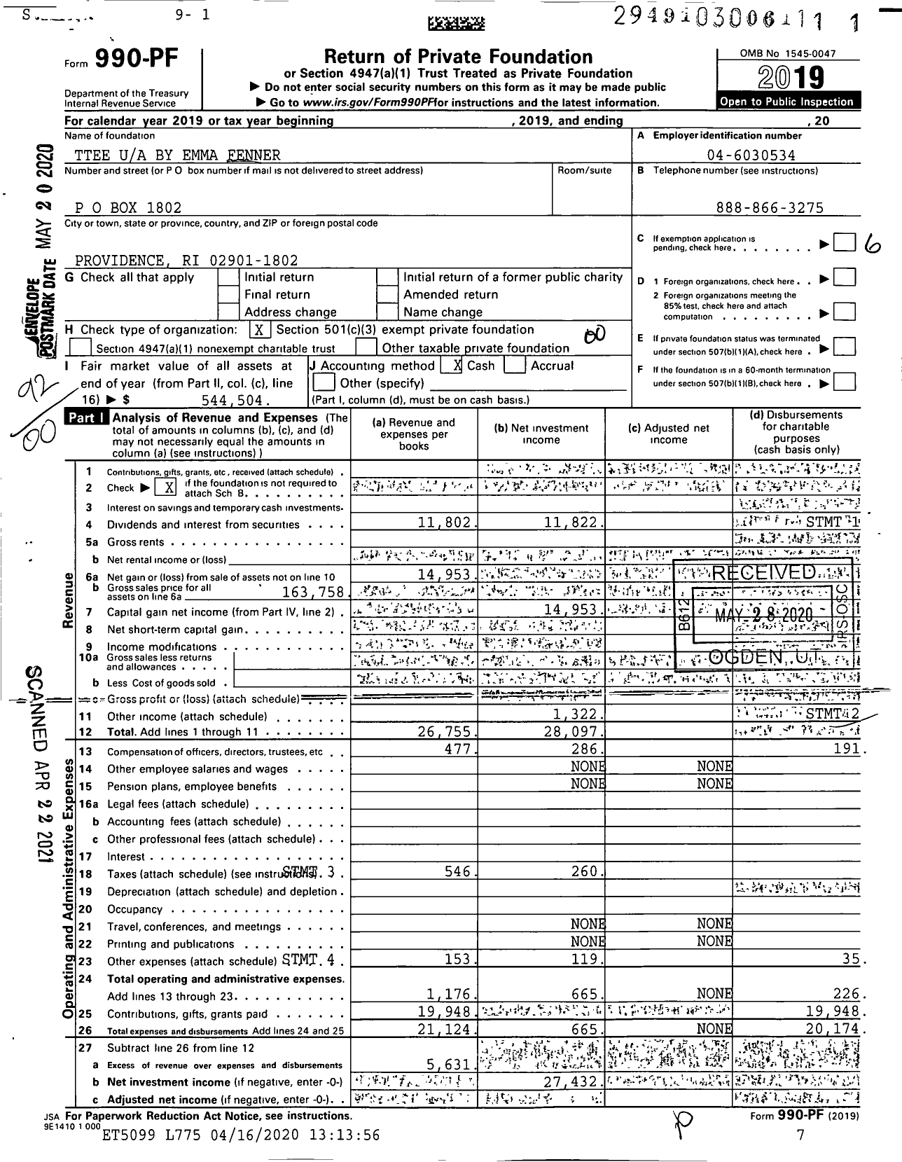 Image of first page of 2019 Form 990PF for Trustees By Emma Fenner