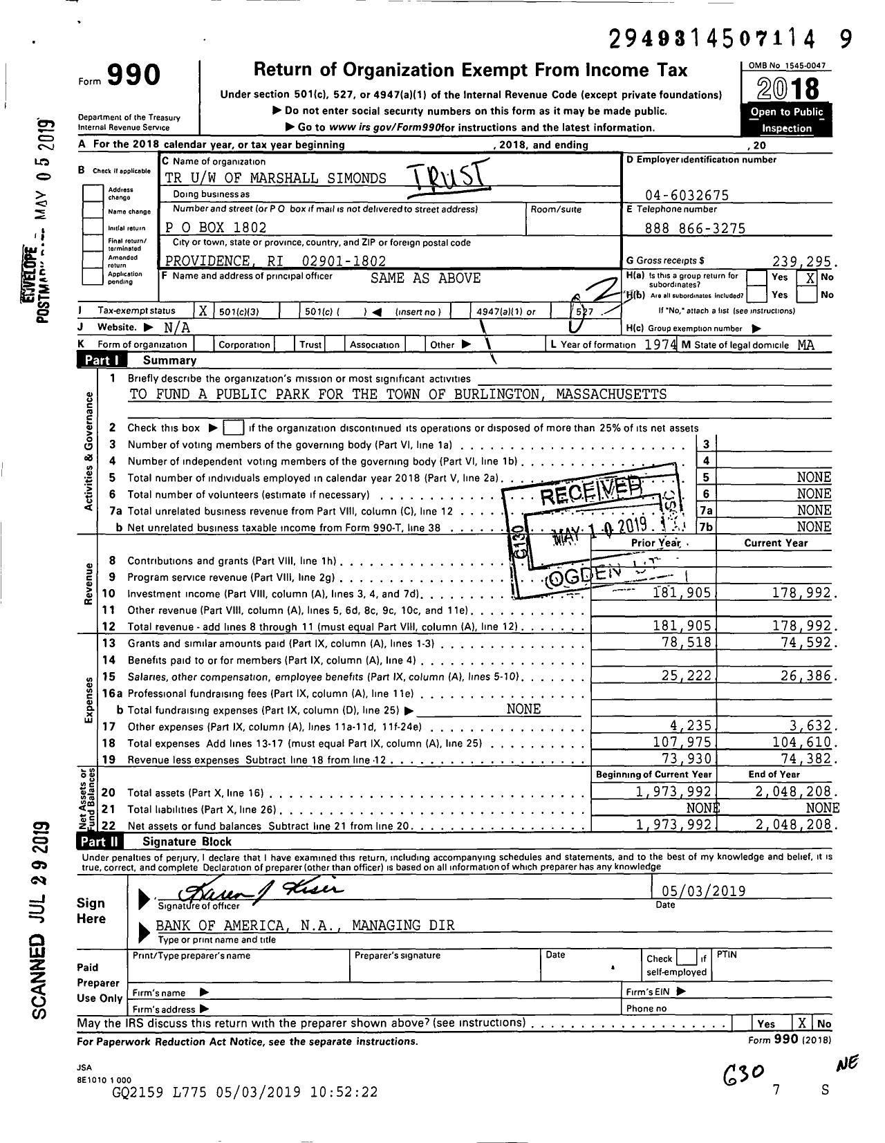 Image of first page of 2018 Form 990 for TR Uw of Marshall Simonds
