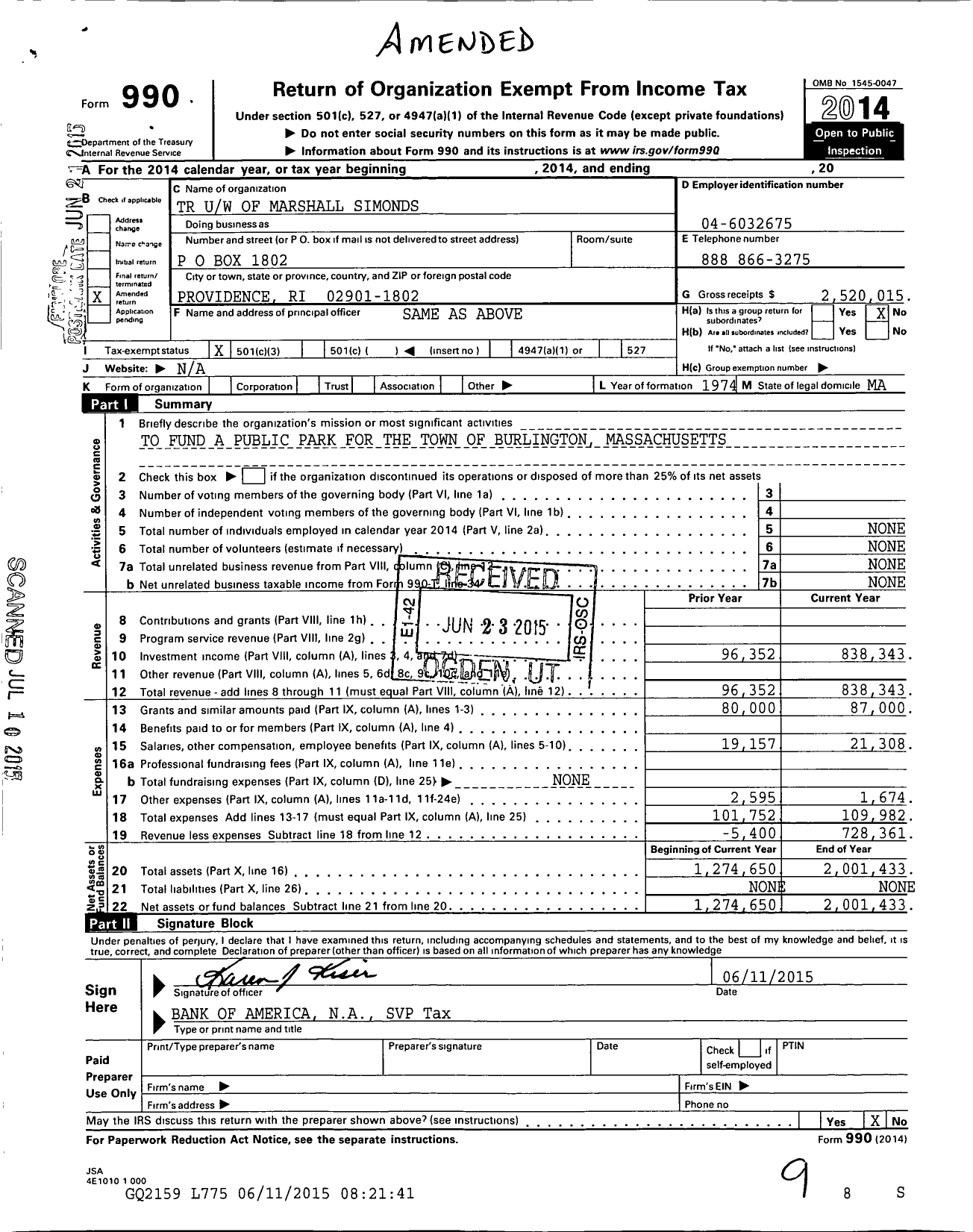 Image of first page of 2014 Form 990 for TR Uw of Marshall Simonds