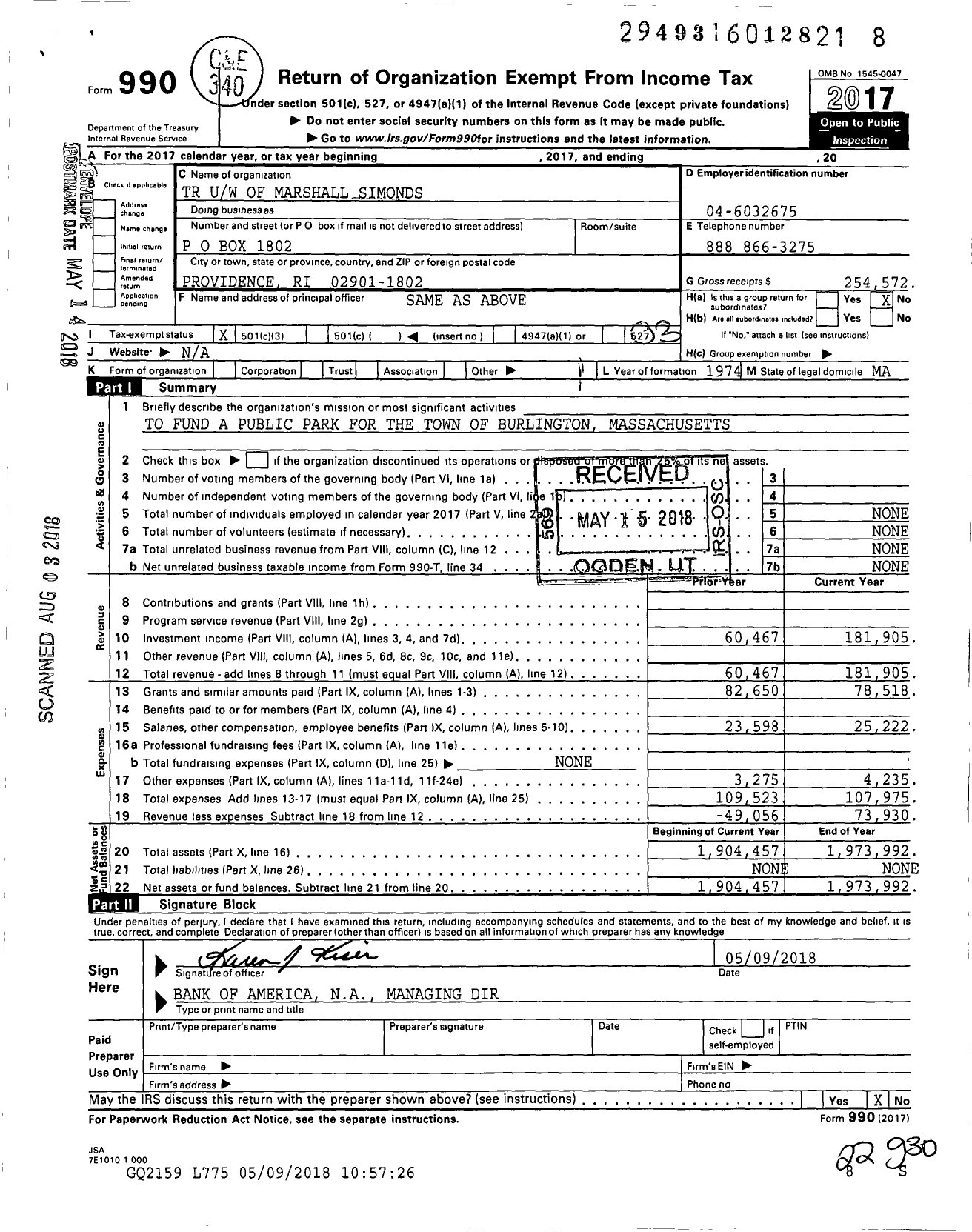 Image of first page of 2017 Form 990 for TR Uw of Marshall Simonds