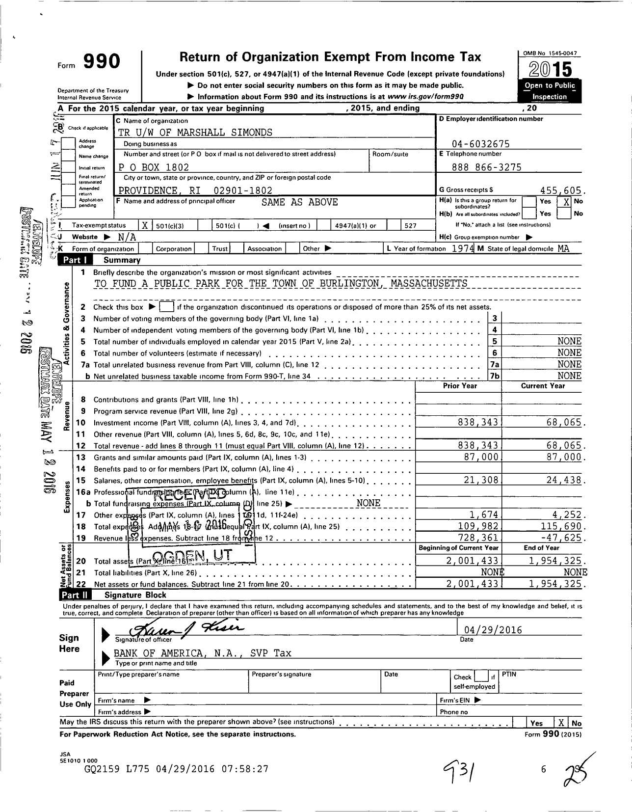 Image of first page of 2015 Form 990 for TR Uw of Marshall Simonds