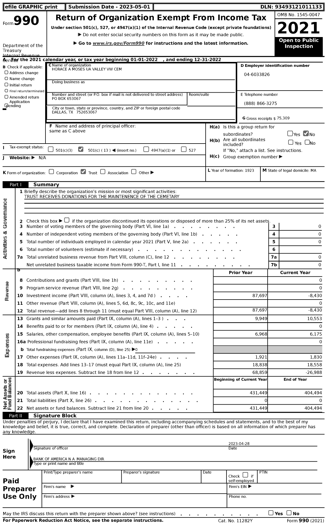 Image of first page of 2022 Form 990 for Horace A Moses Valley VW Cem