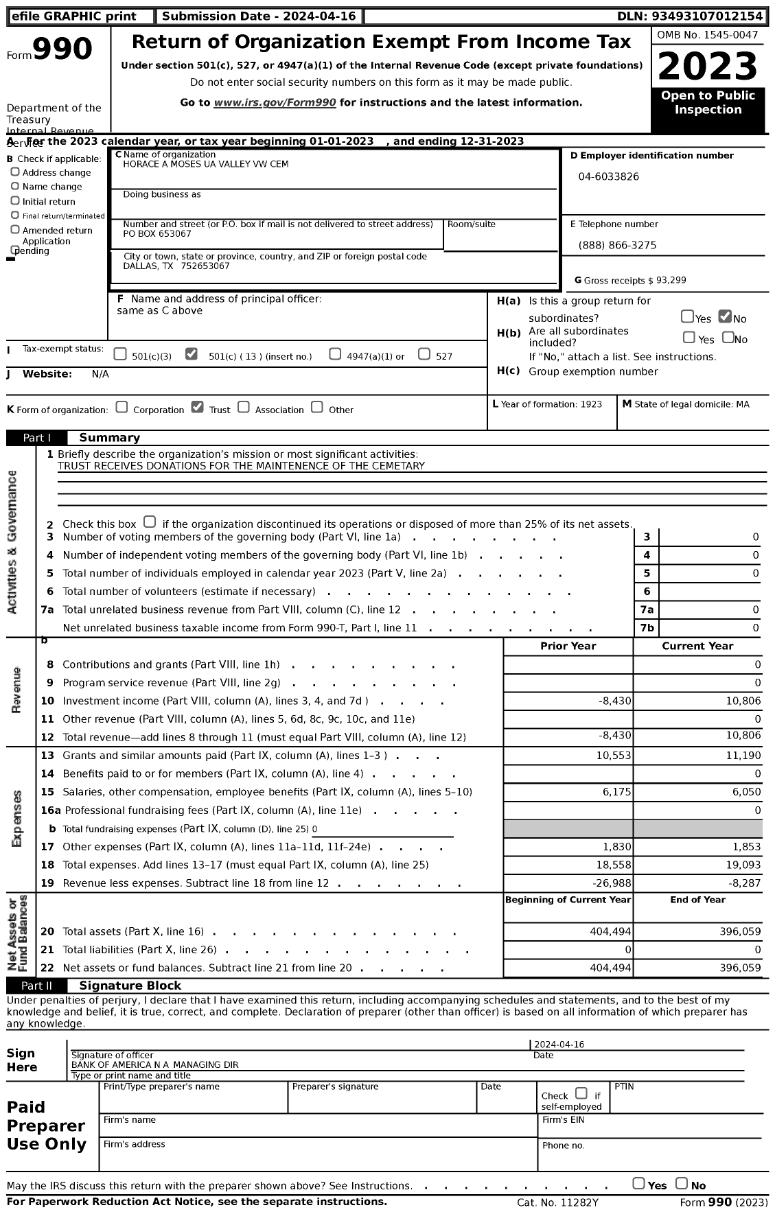 Image of first page of 2023 Form 990 for Horace A Moses Valley VW Cem