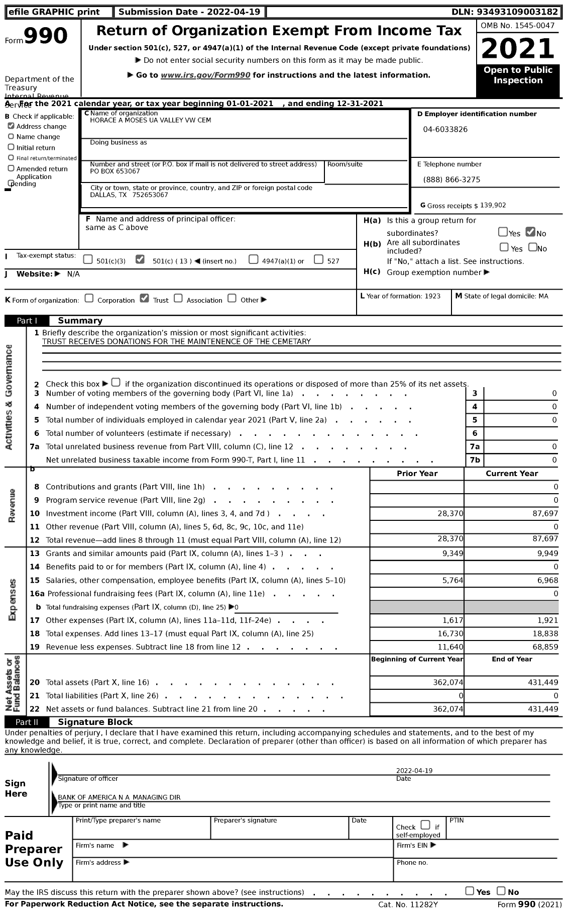 Image of first page of 2021 Form 990 for Horace A Moses Valley VW Cem