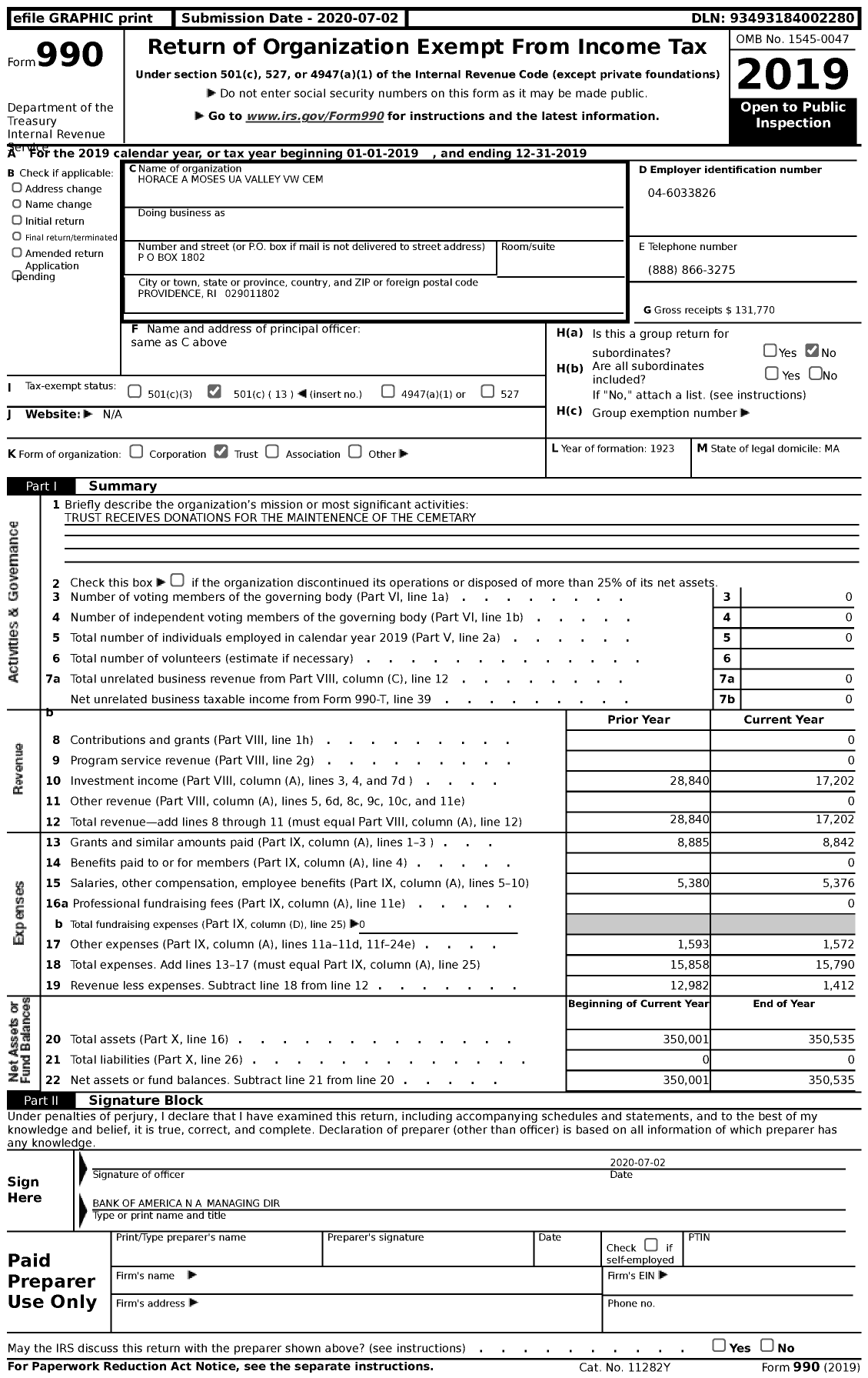 Image of first page of 2019 Form 990 for Horace A Moses Valley VW Cem