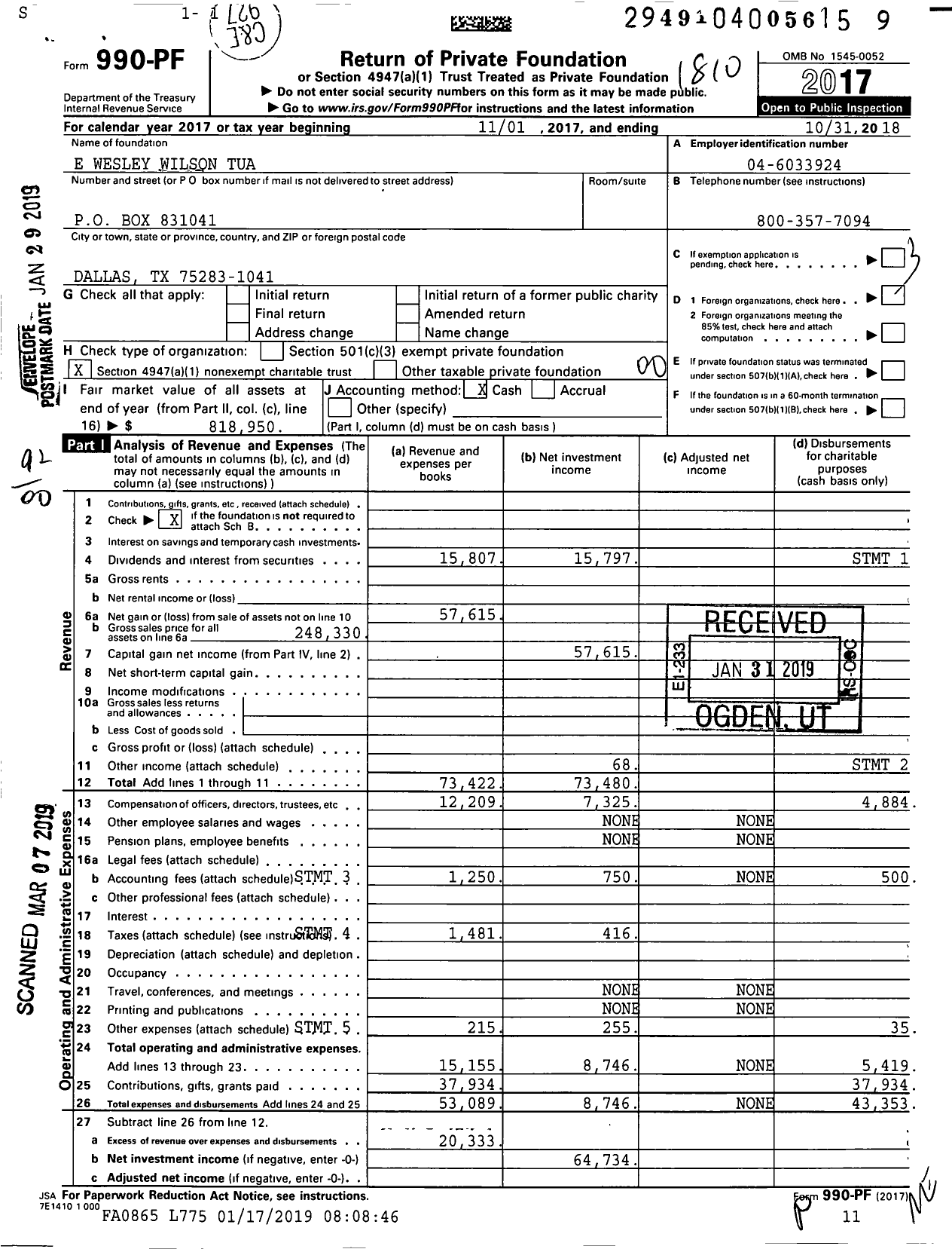 Image of first page of 2017 Form 990PF for E Wesley Wilson Tua