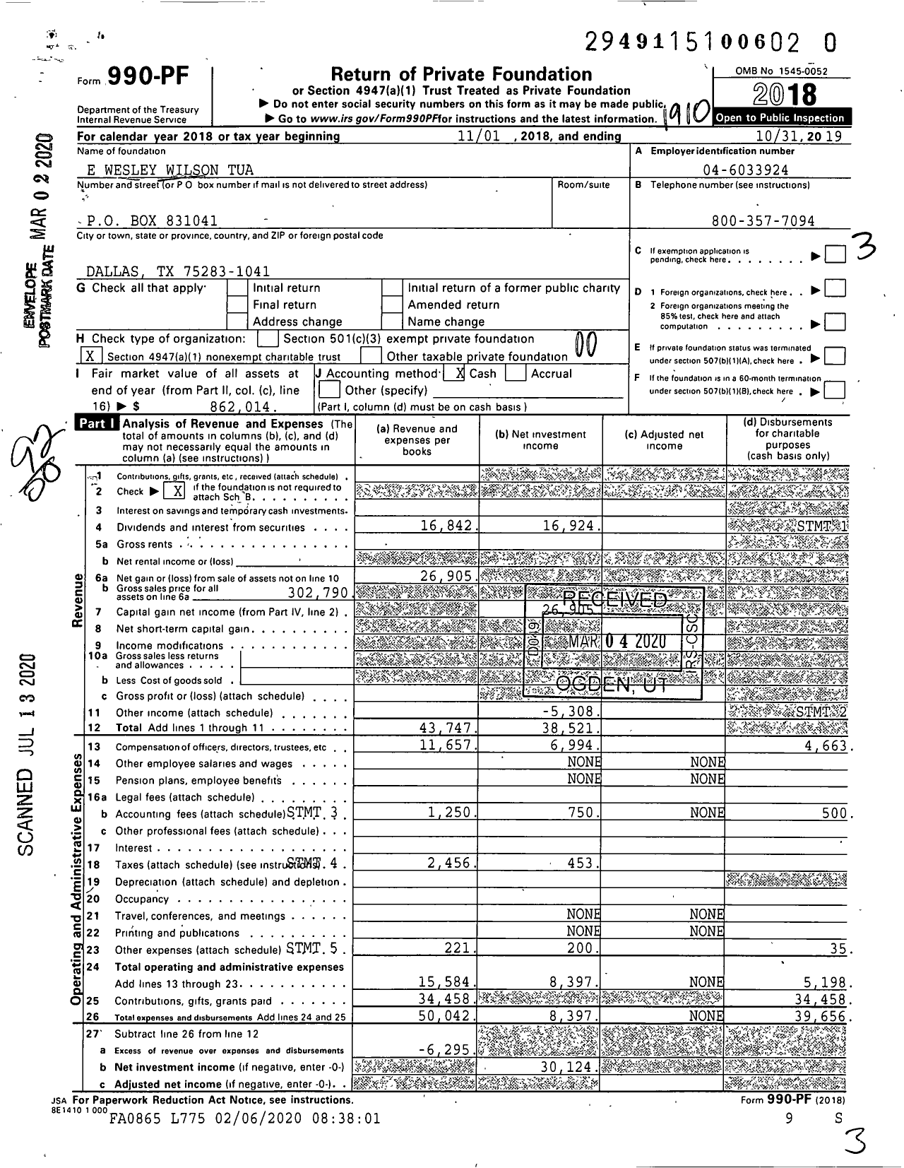 Image of first page of 2018 Form 990PR for E Wesley Wilson Tua