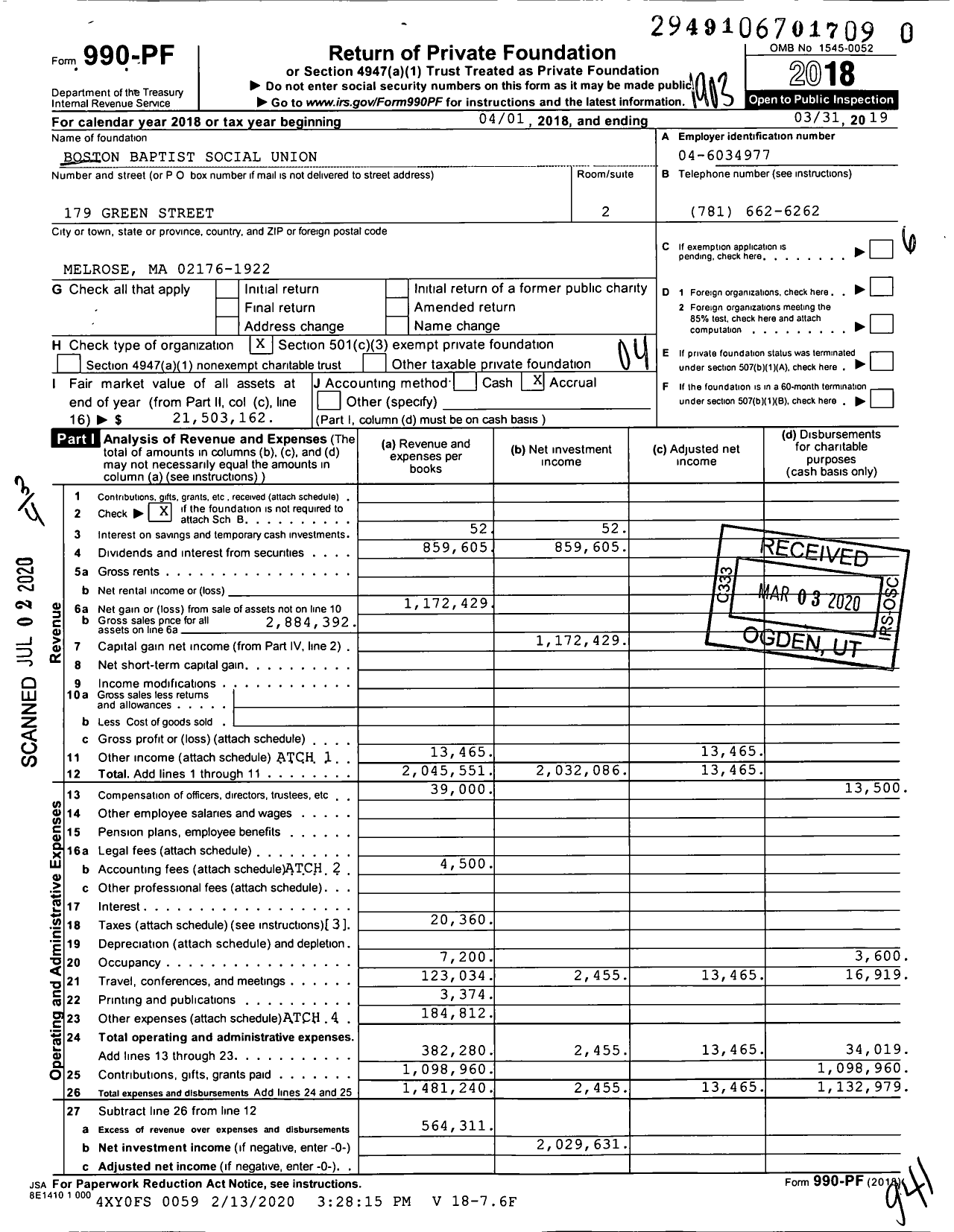 Image of first page of 2018 Form 990PR for Boston Baptist Social Union