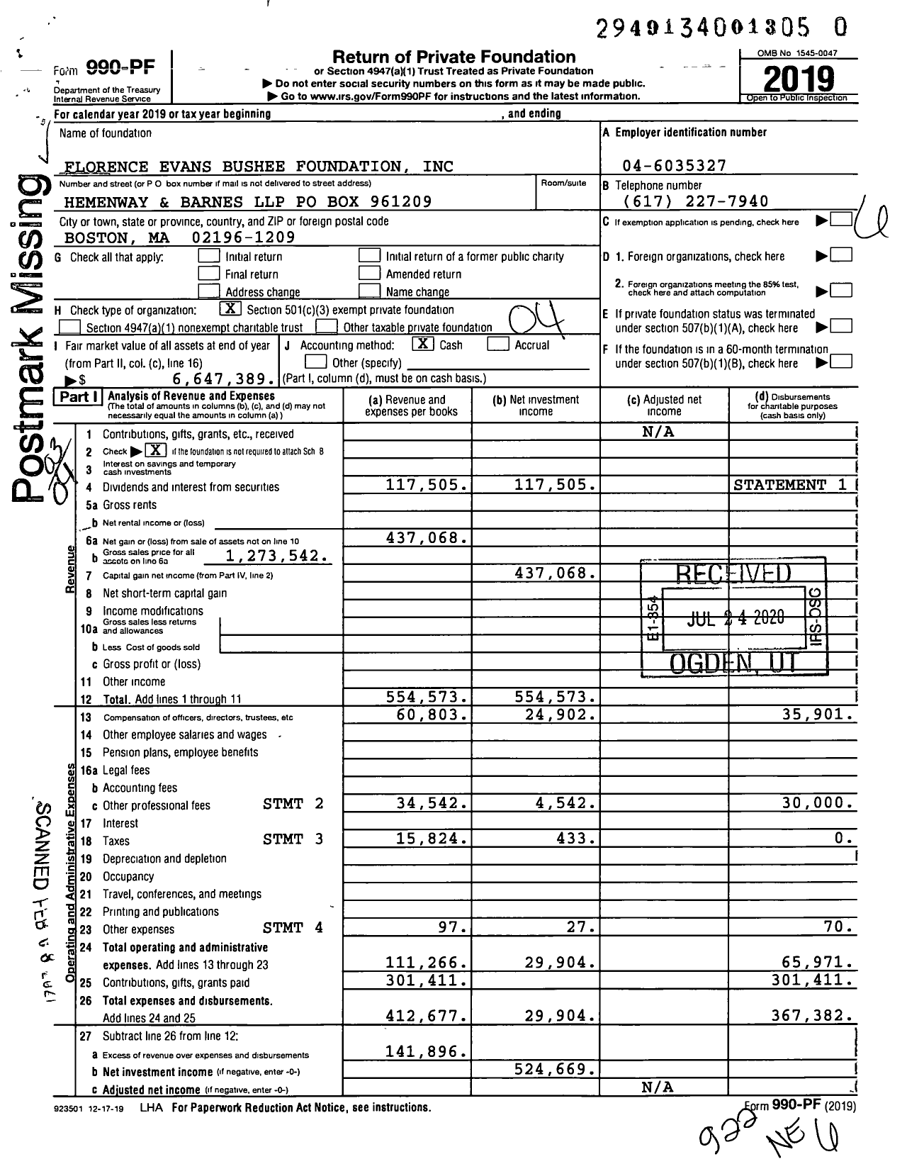 Image of first page of 2019 Form 990PF for Florence Evans Bushee Foundation