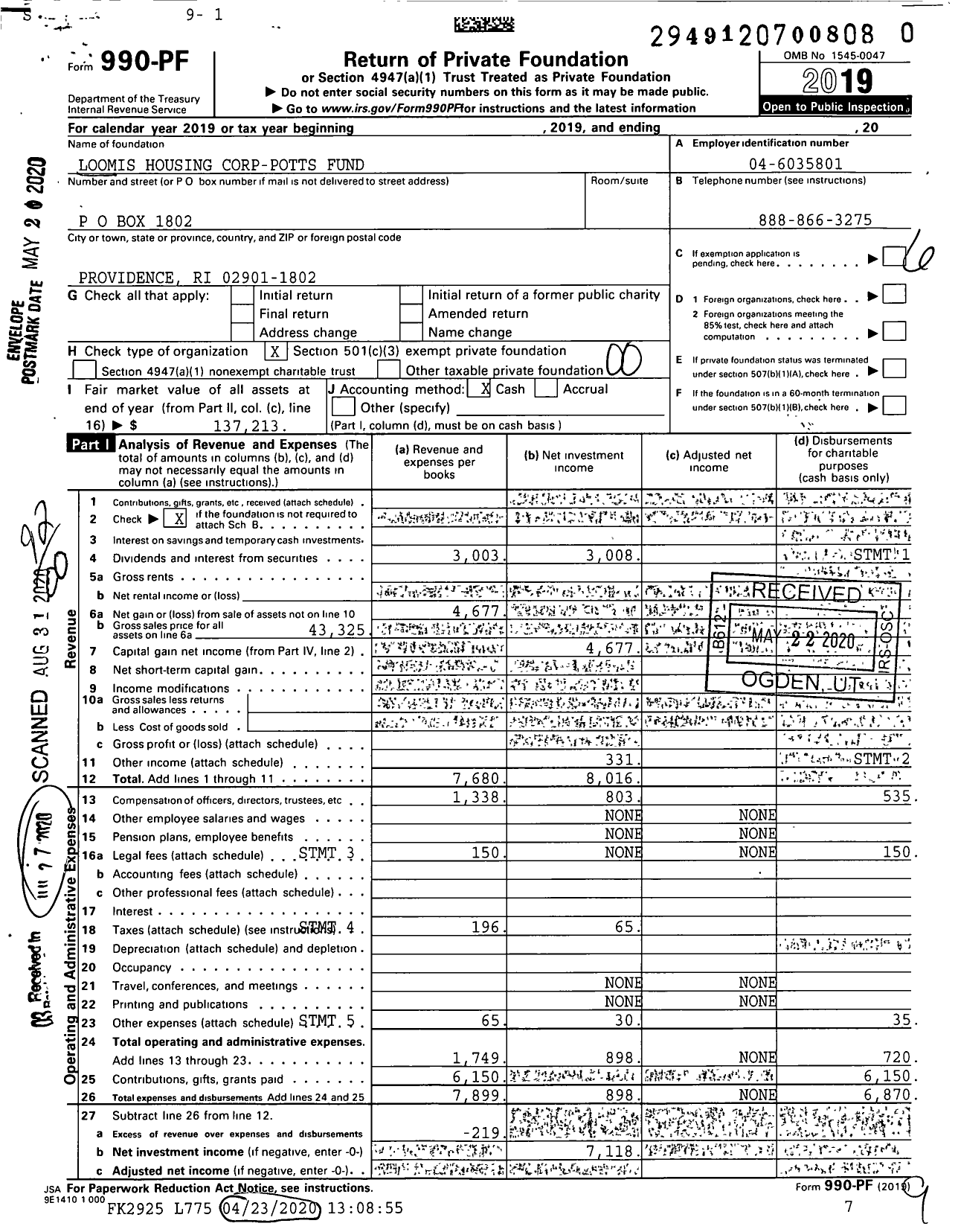 Image of first page of 2019 Form 990PR for Loomis Housing Corp-Potts Fund