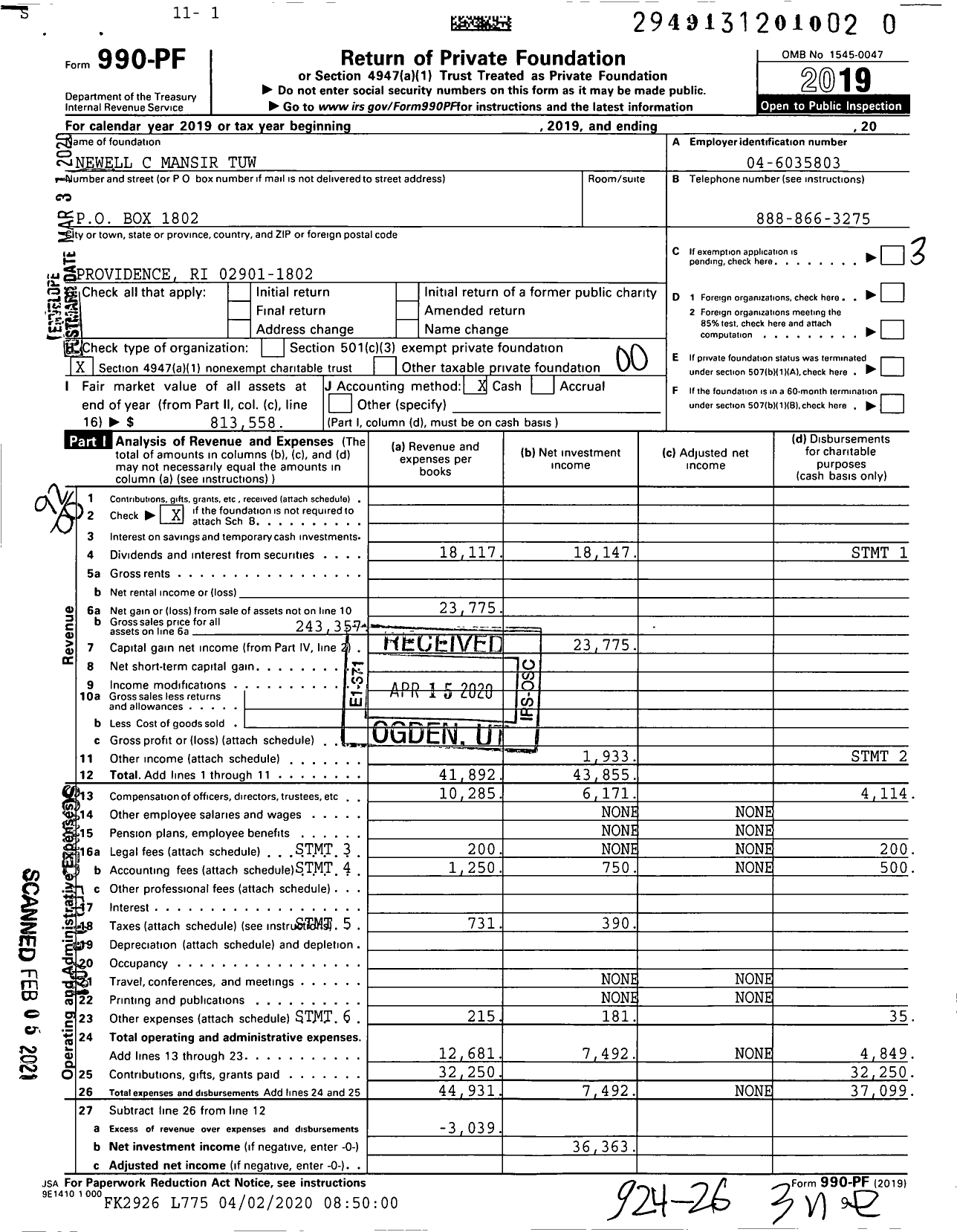 Image of first page of 2019 Form 990PF for Newell C Mansir Tuw