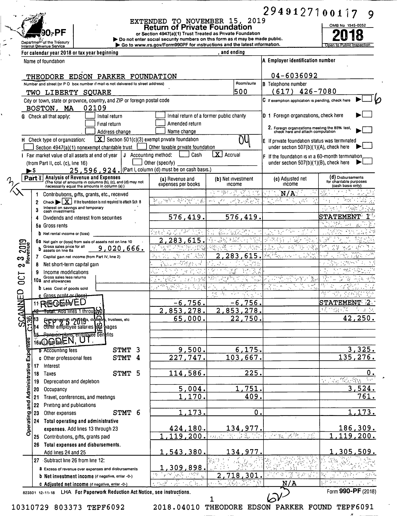 Image of first page of 2018 Form 990PF for Theodore Edson Parker Foundation