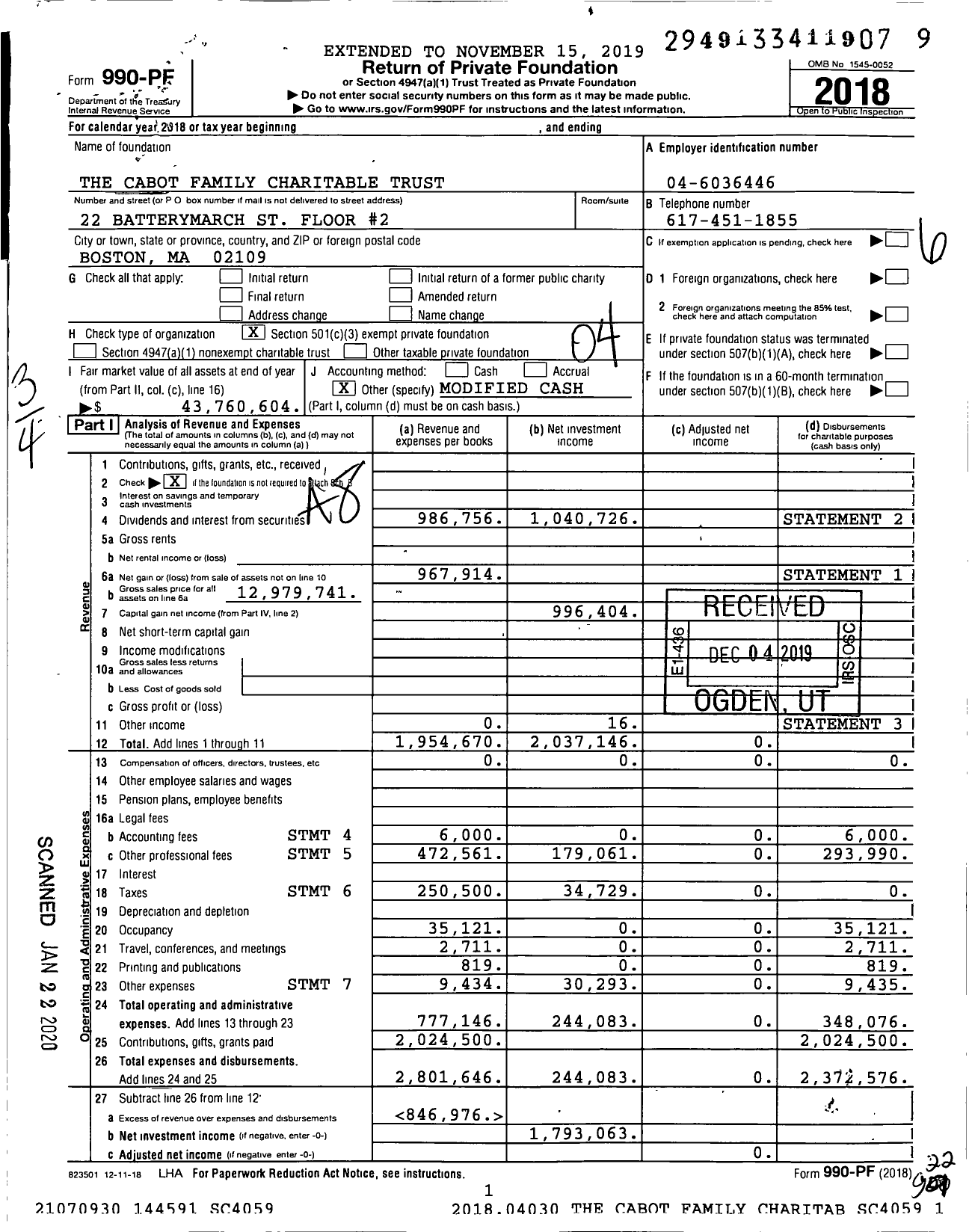 Image of first page of 2018 Form 990PF for Cabot Family Charitable Trust