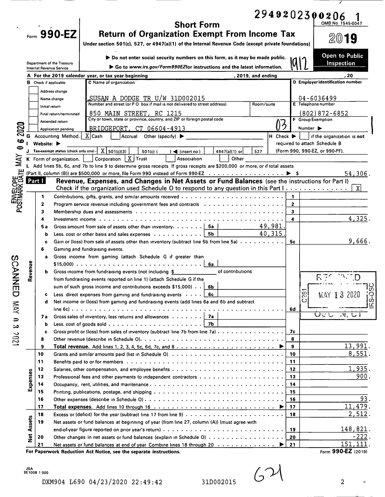 Image of first page of 2019 Form 990EZ for Susan A Dodge TR Uw