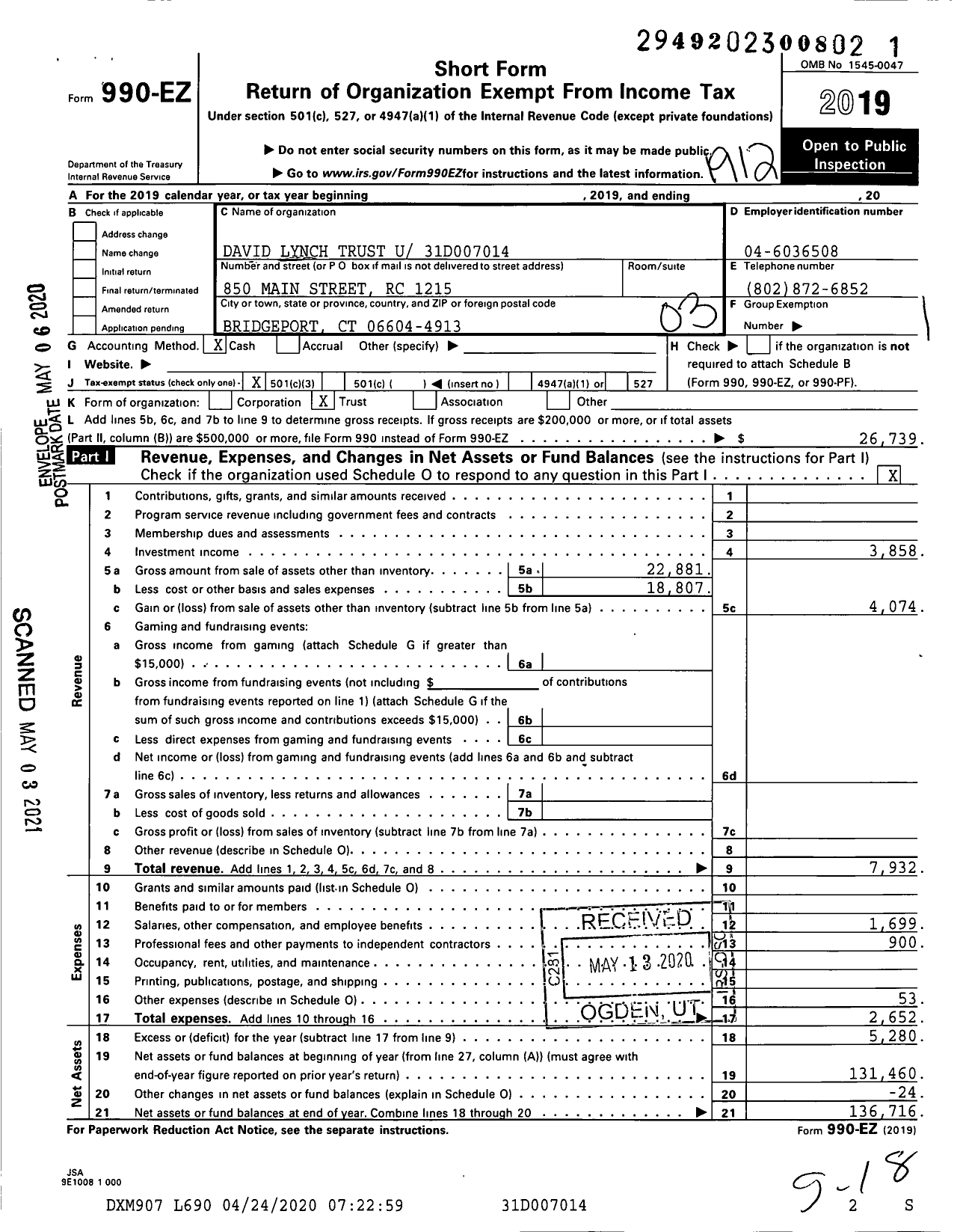 Image of first page of 2019 Form 990EZ for David Lynch Trust U