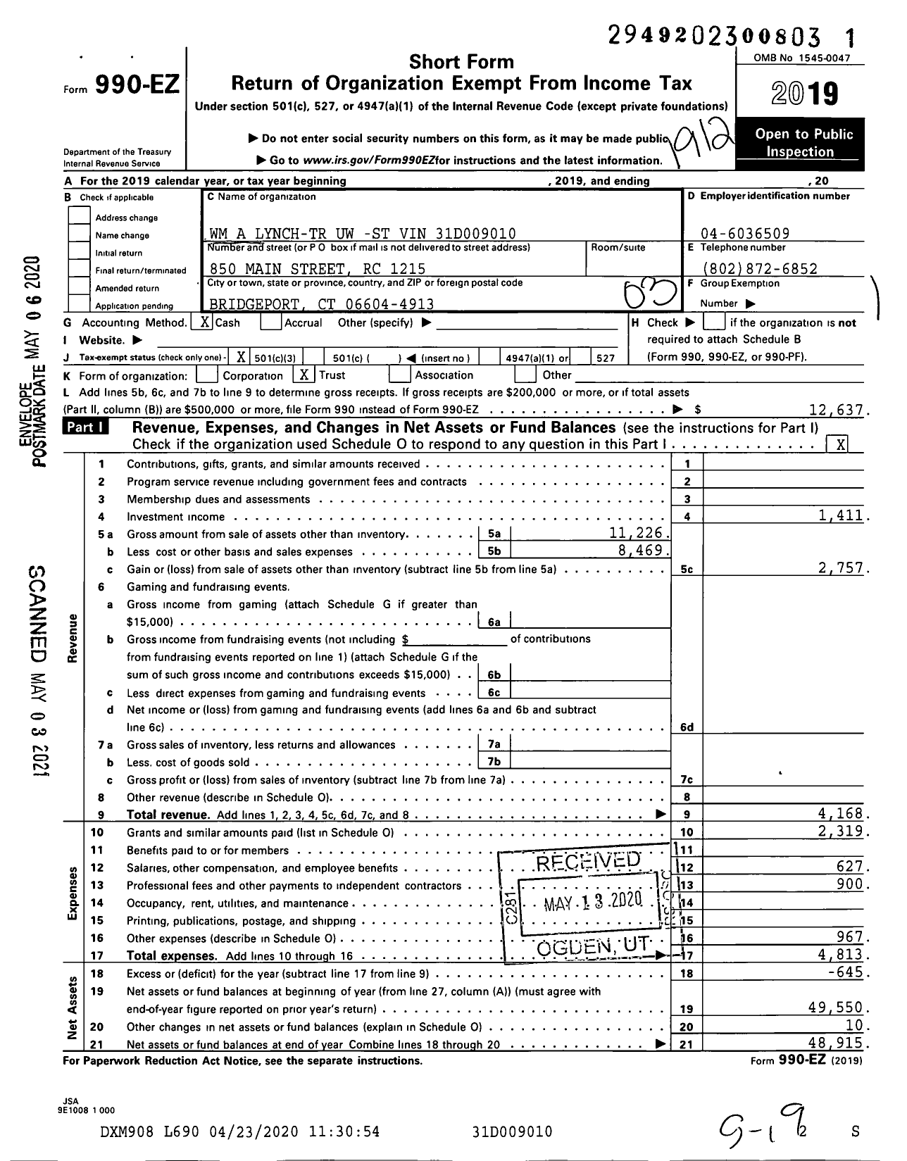 Image of first page of 2019 Form 990EZ for William A Lynch Trust Fbo St Vincent de