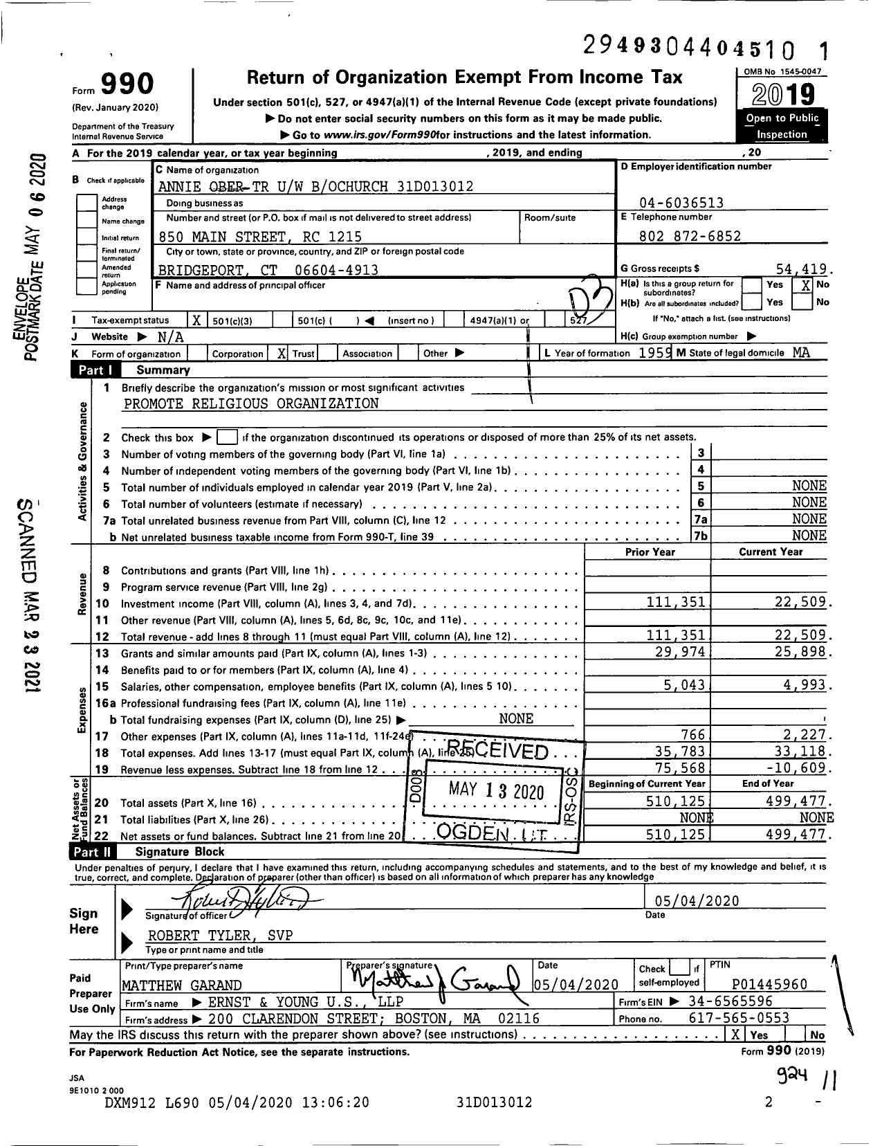 Image of first page of 2019 Form 990 for Annie Ober TR Uw Bochurch