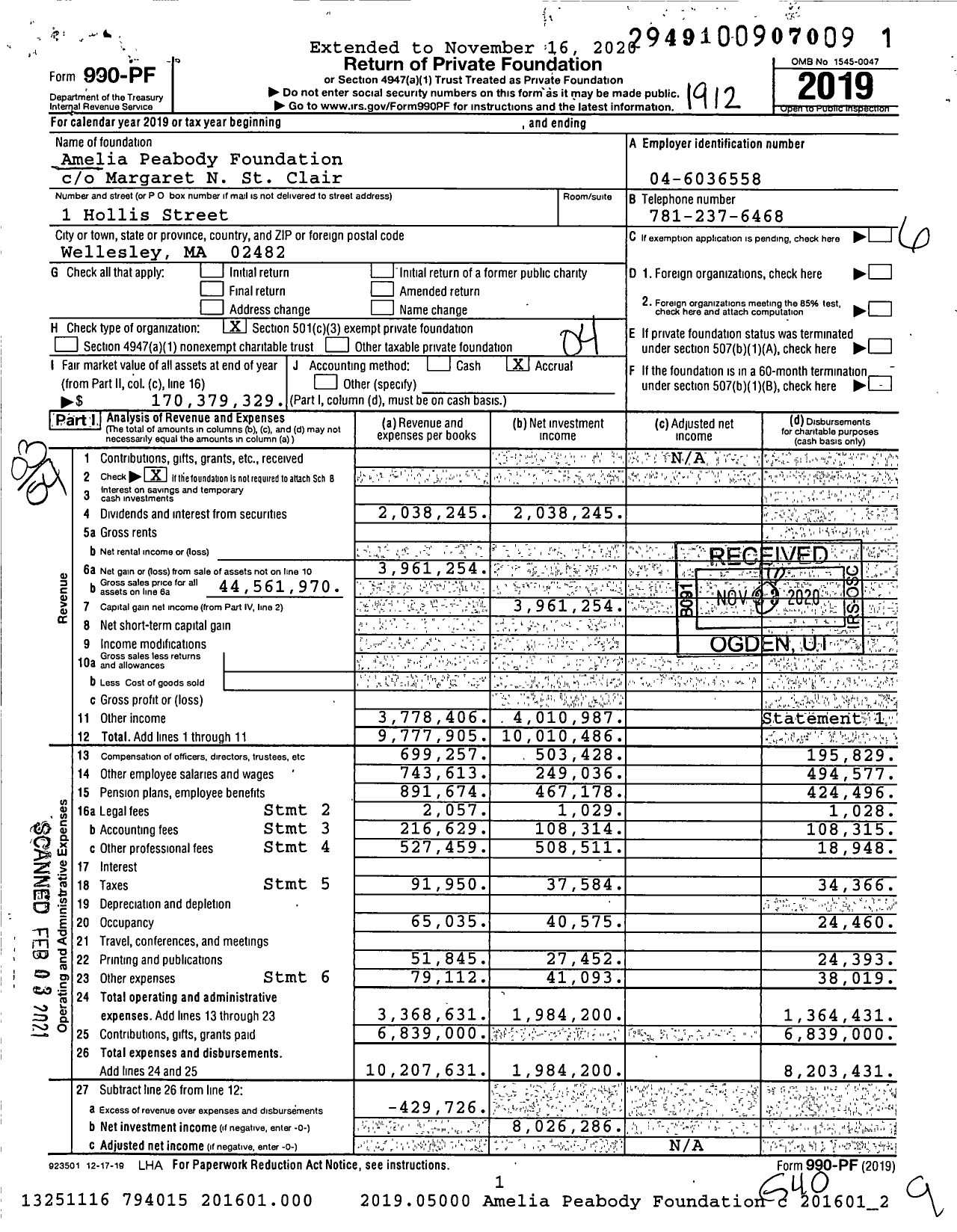 Image of first page of 2019 Form 990PF for Amelia Peabody Foundation