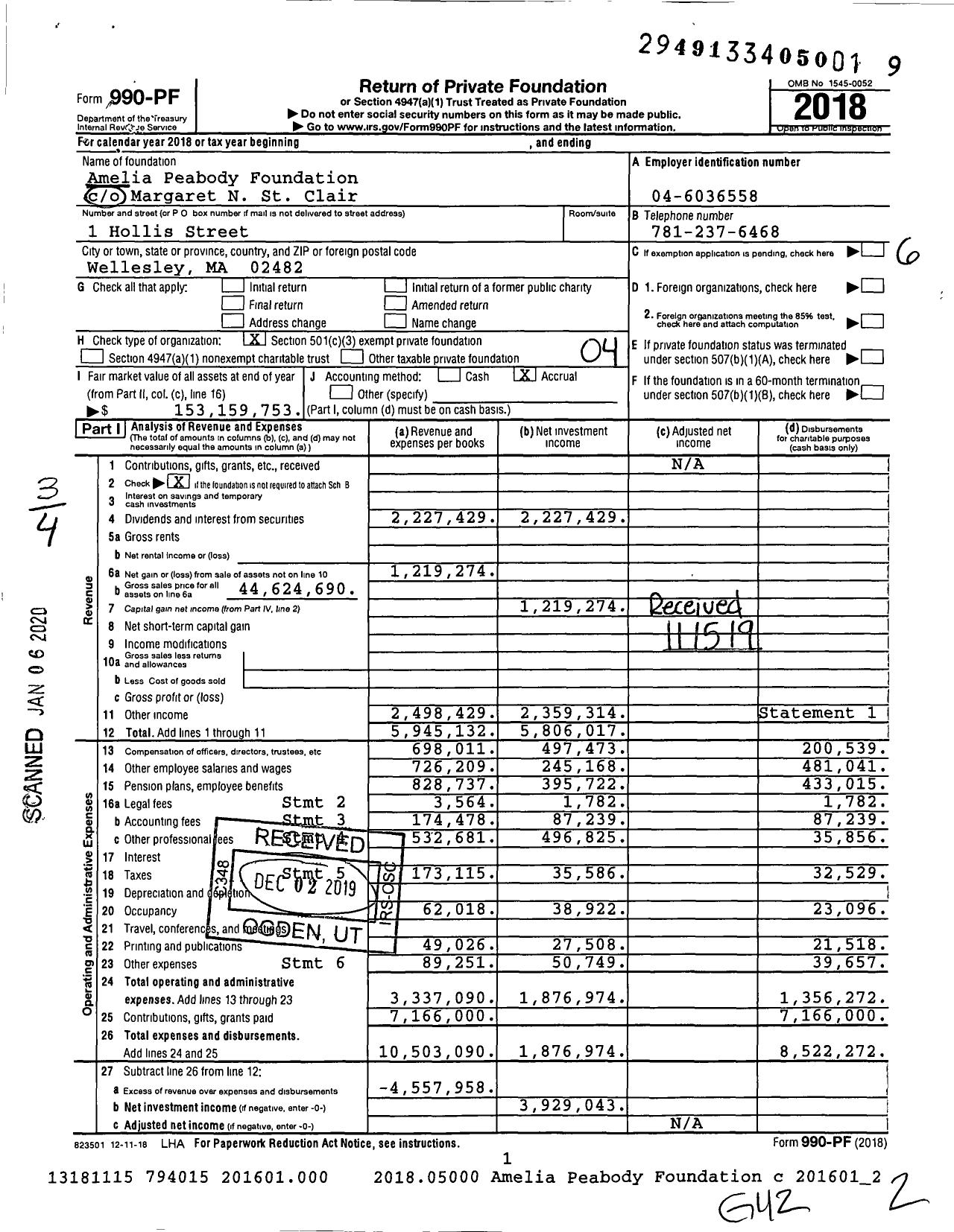 Image of first page of 2018 Form 990PF for Amelia Peabody Foundation