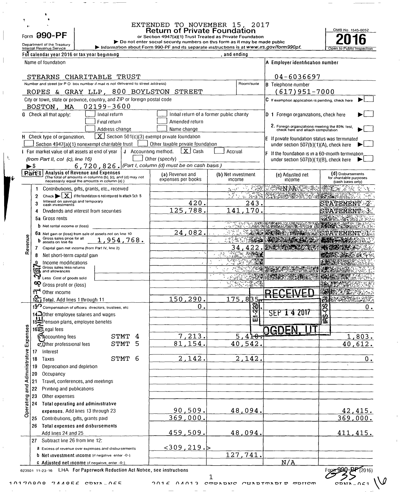 Image of first page of 2016 Form 990PF for Stearns Charitable Trust