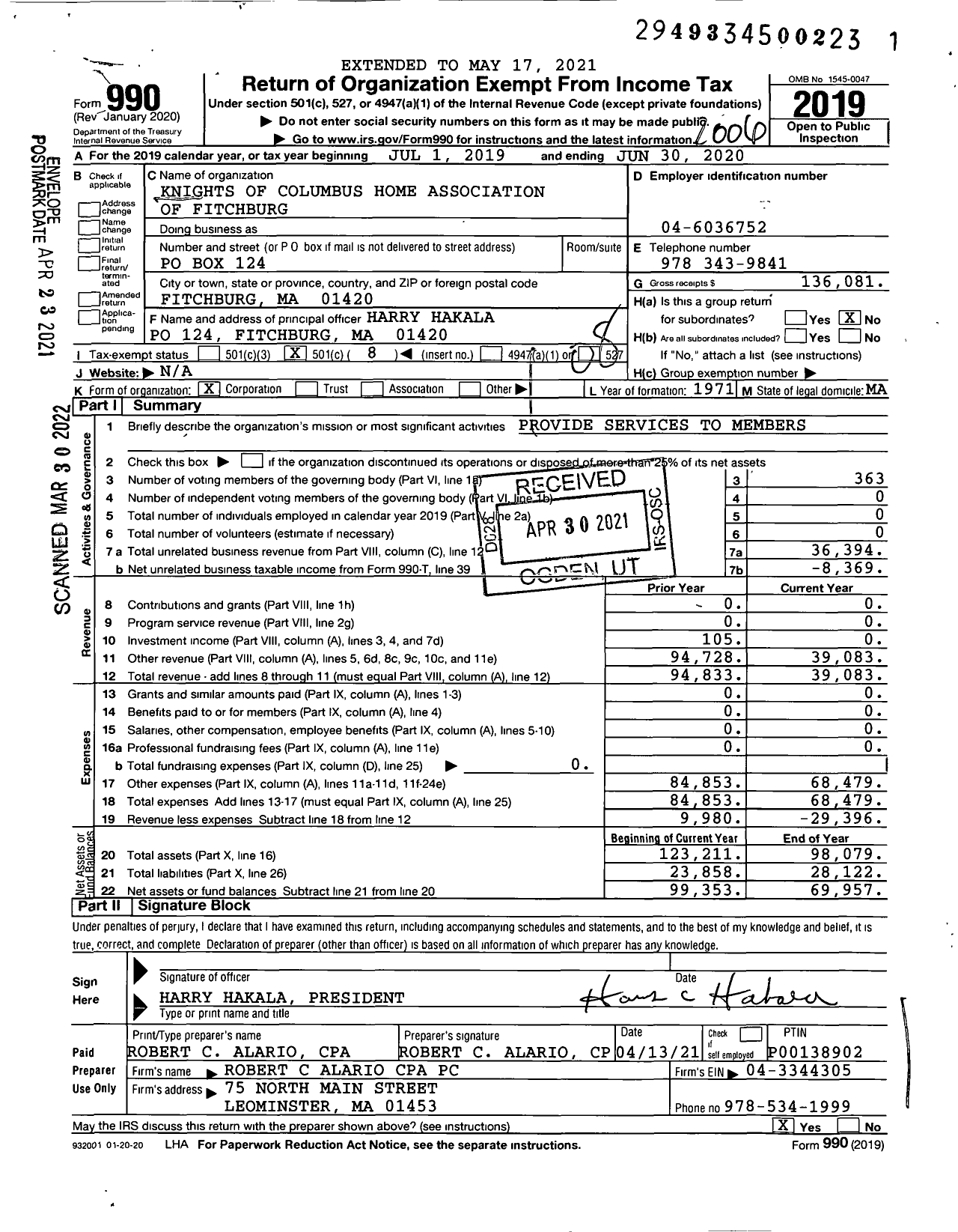 Image of first page of 2019 Form 990O for Knights of Columbus Home Association of Fitchburg