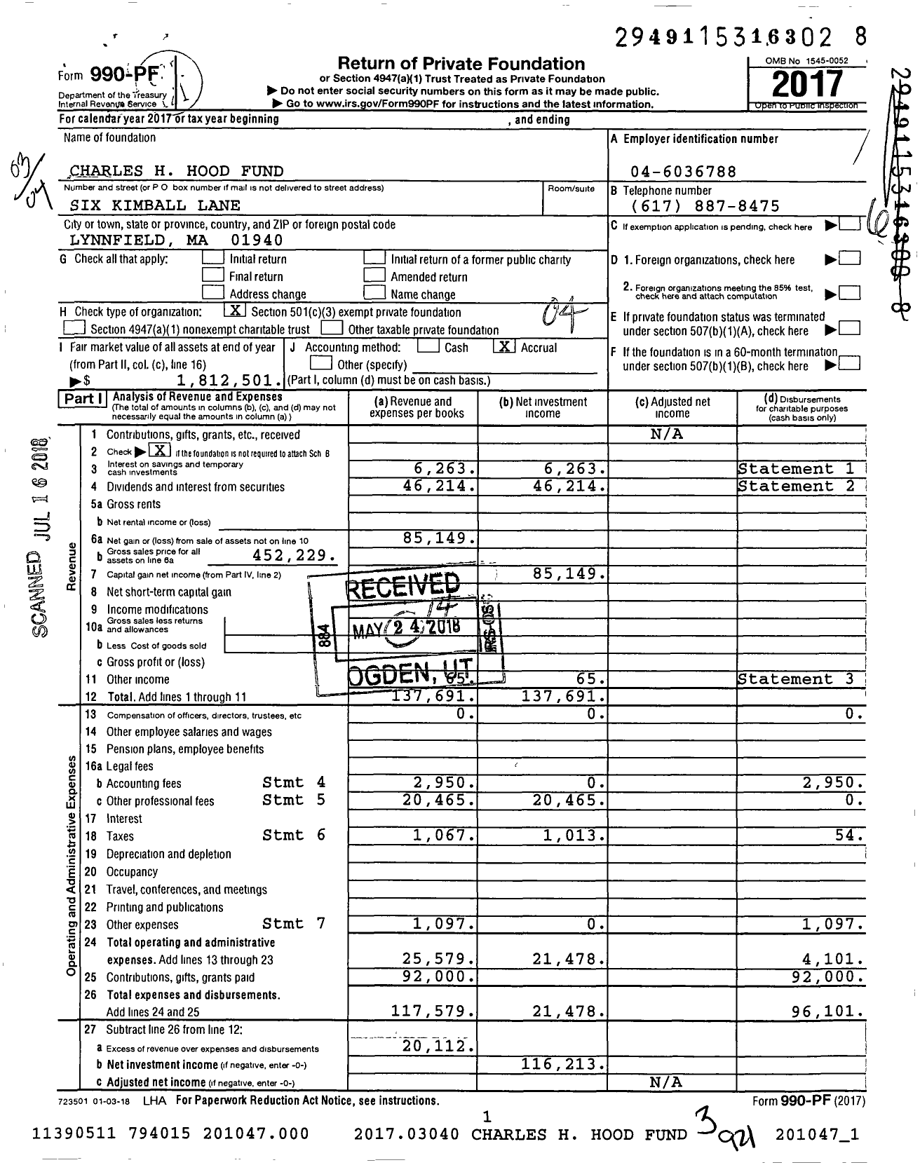 Image of first page of 2017 Form 990PF for Charles H Hood Fund
