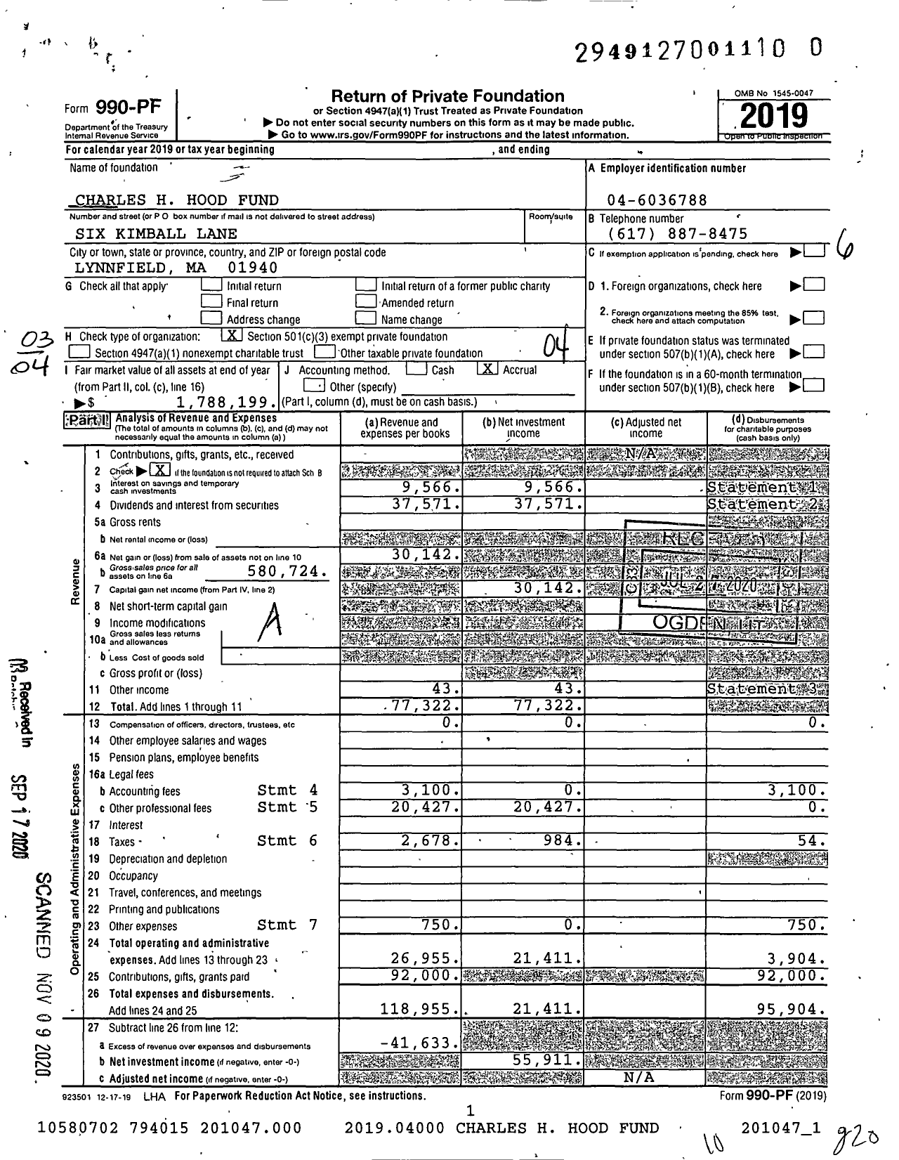 Image of first page of 2019 Form 990PF for Charles H Hood Fund