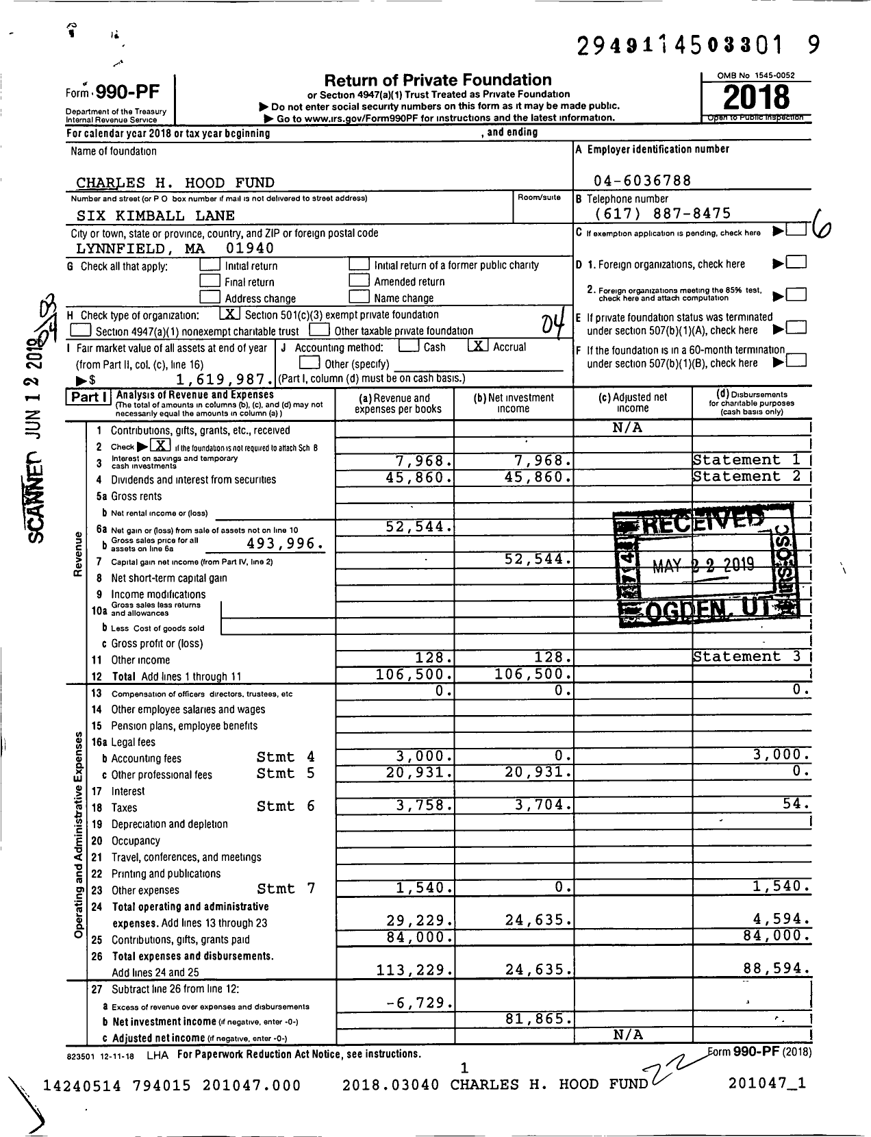 Image of first page of 2018 Form 990PF for Charles H Hood Fund