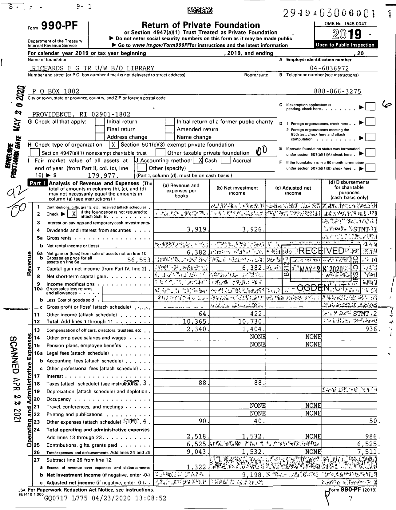 Image of first page of 2019 Form 990PF for Richards E G TR Uw Bo Library