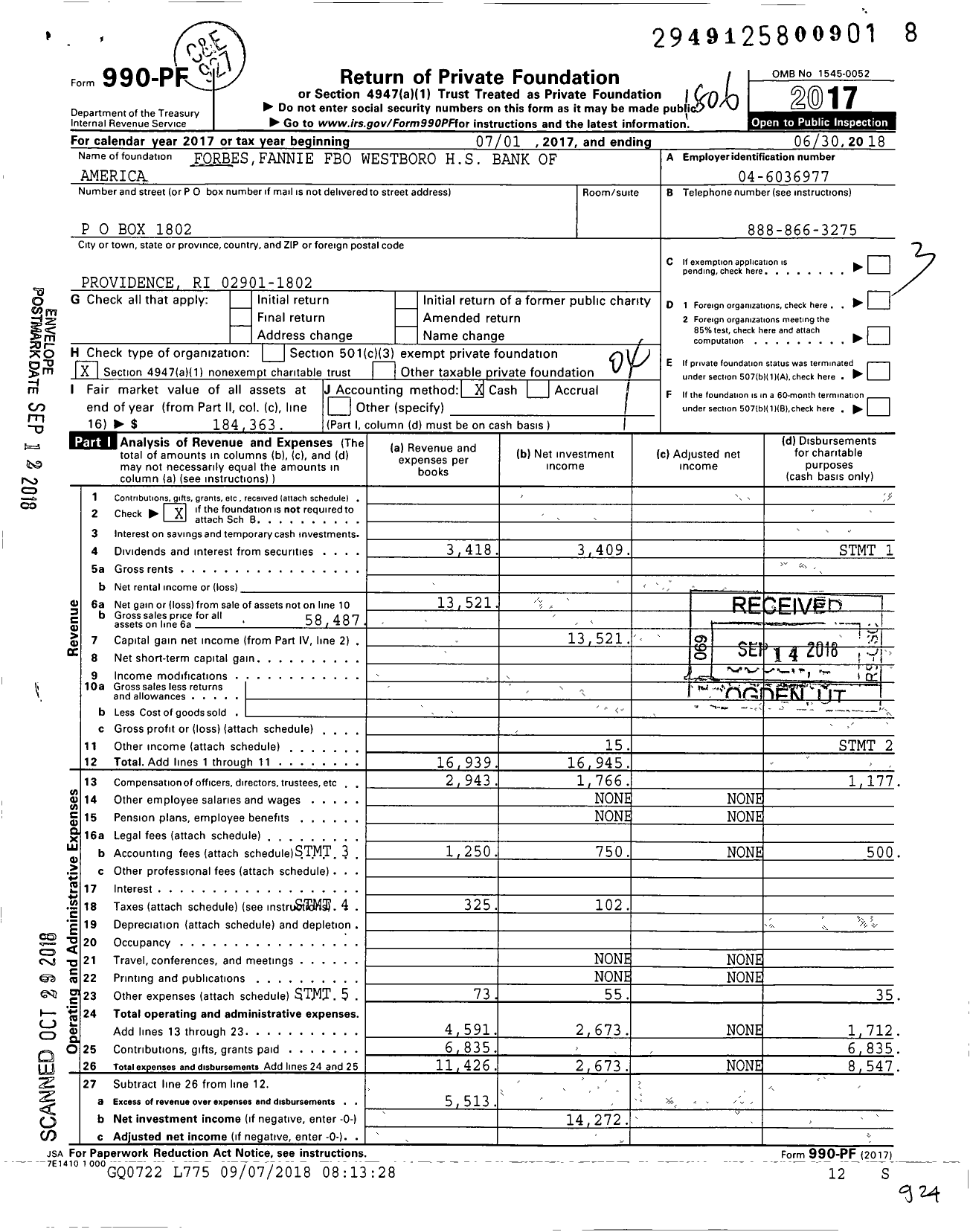 Image of first page of 2017 Form 990PF for Fannie E Forbes Trust Uagr Bo Westboro High