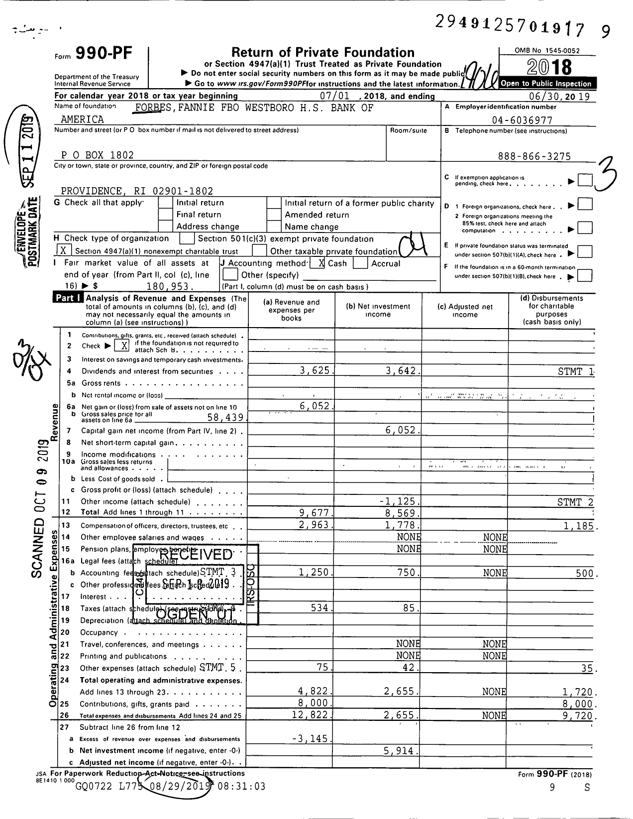 Image of first page of 2018 Form 990PF for Fannie E Forbes Trust Uagr Bo Westboro High