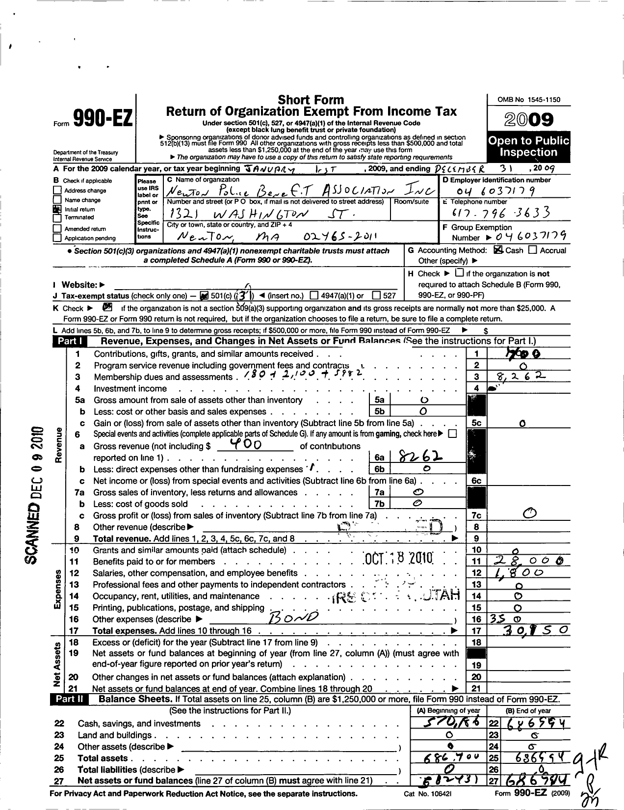 Image of first page of 2009 Form 990EO for Newton Police Benefit Assocation