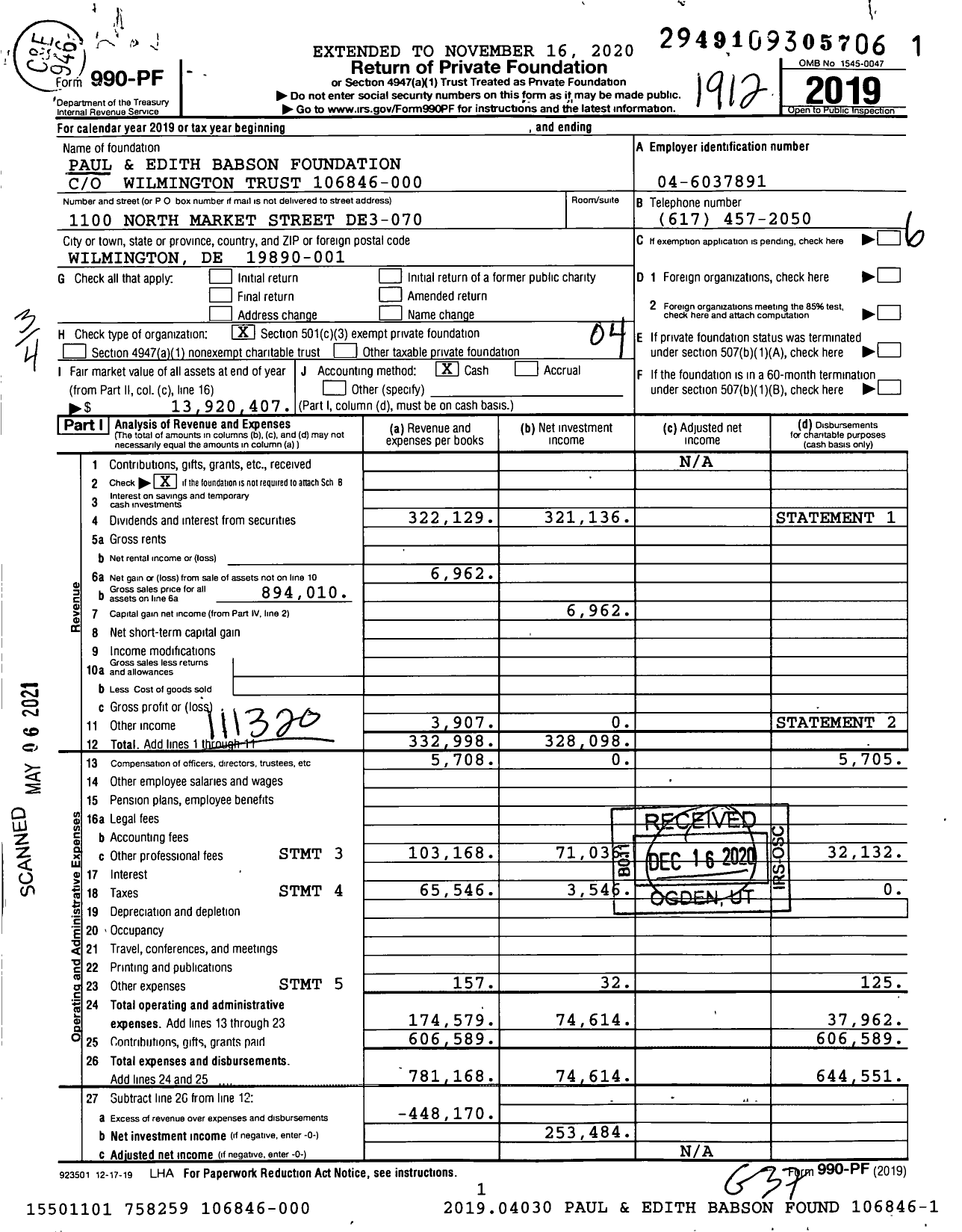 Image of first page of 2019 Form 990PF for Paul and Edith Babson Foundation 106846-000