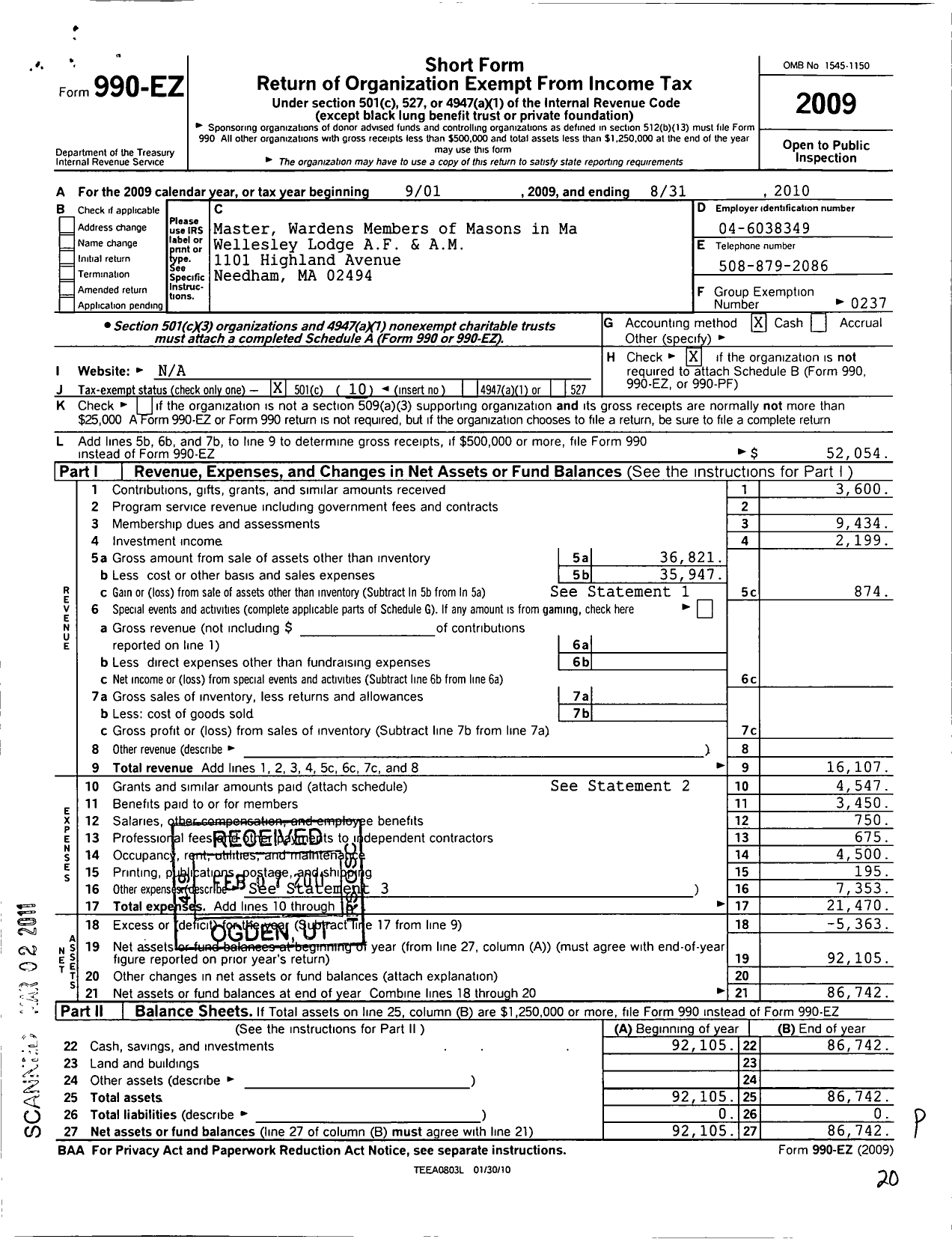 Image of first page of 2009 Form 990EO for Massachusetts Freemasons - Wellesley Lodge