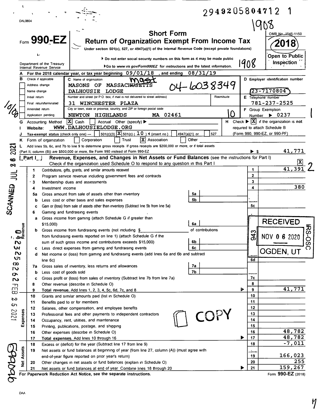 Image of first page of 2018 Form 990EO for Massachusetts Freemasons - Wellesley Lodge