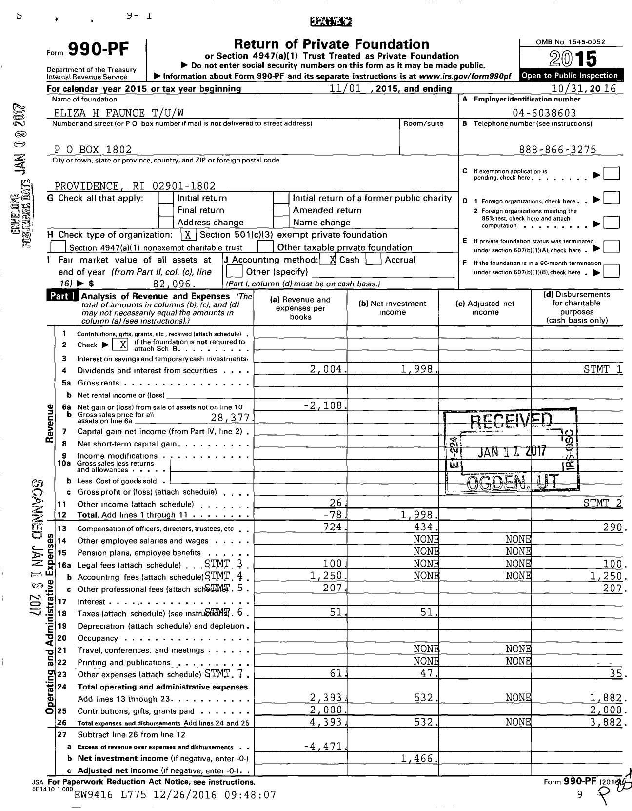 Image of first page of 2015 Form 990PF for Eliza H Faunce Tuw