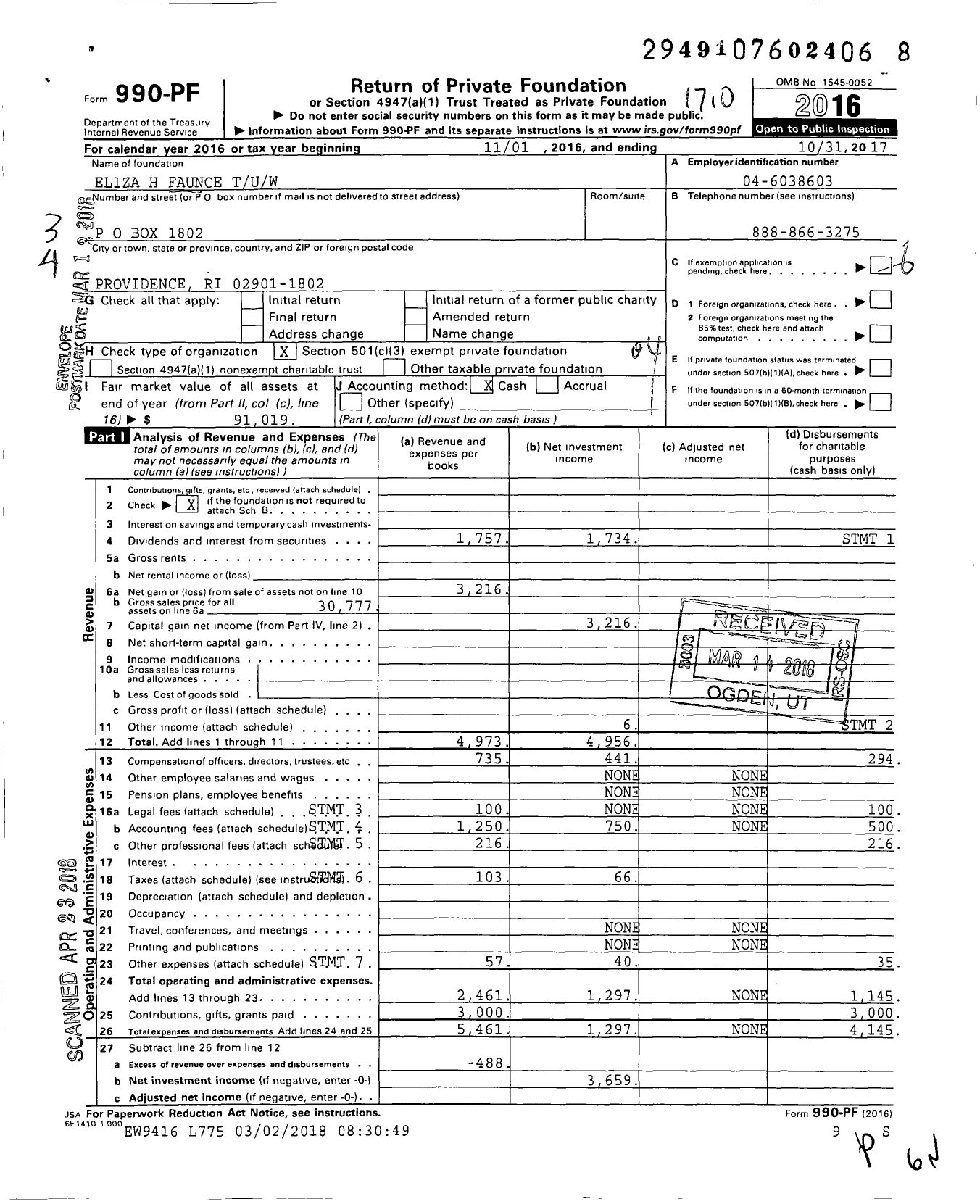 Image of first page of 2016 Form 990PF for Eliza H Faunce Tuw