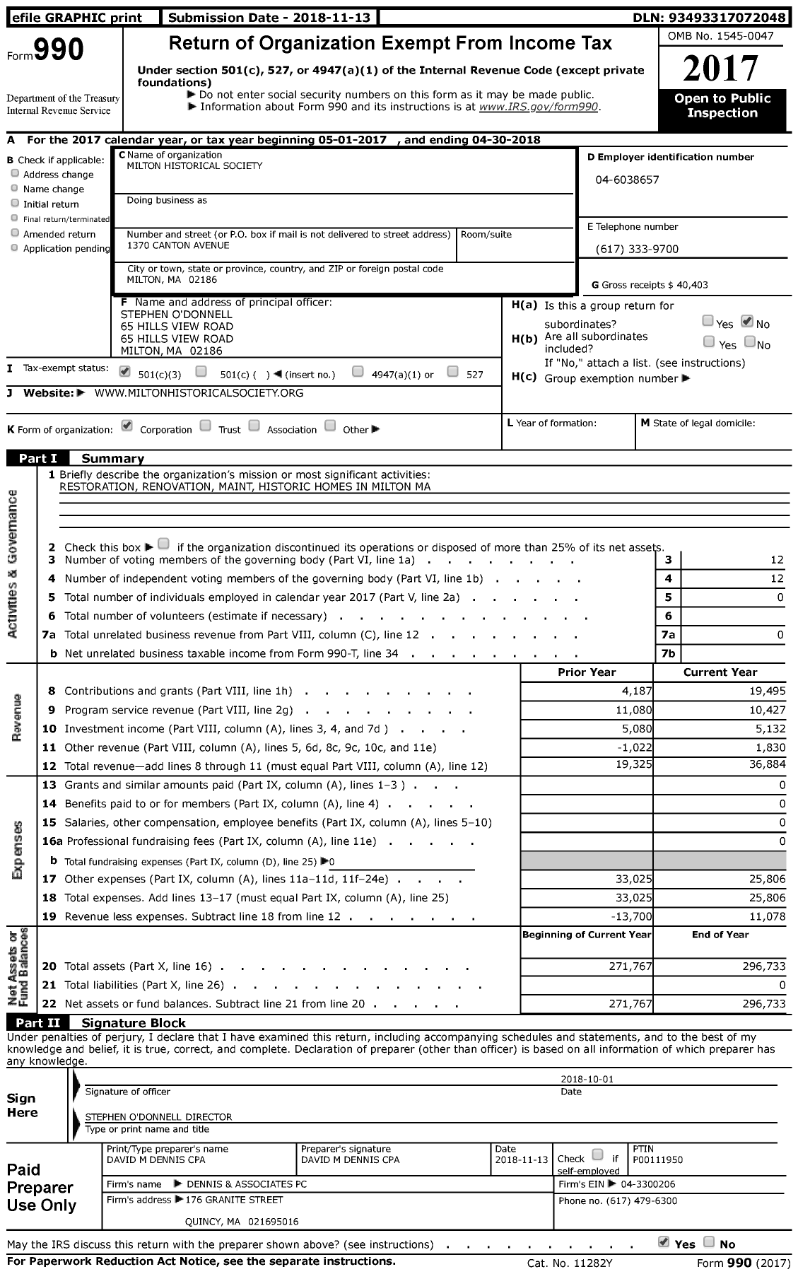 Image of first page of 2017 Form 990 for Milton Historical Society