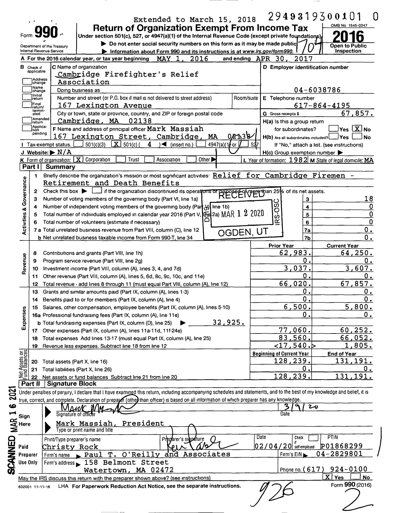 Image of first page of 2016 Form 990O for Cambridge Firefighter's Relief Association