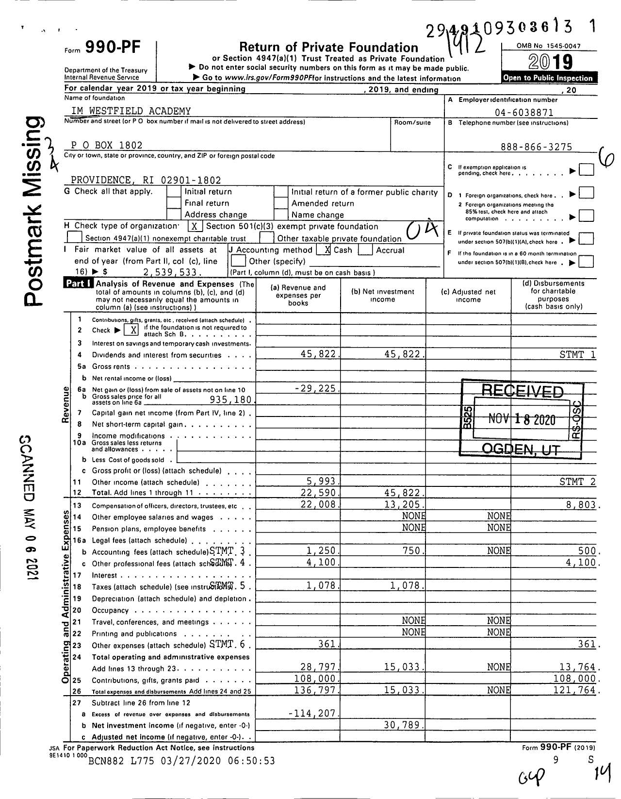 Image of first page of 2019 Form 990PF for Im Westfield Academy