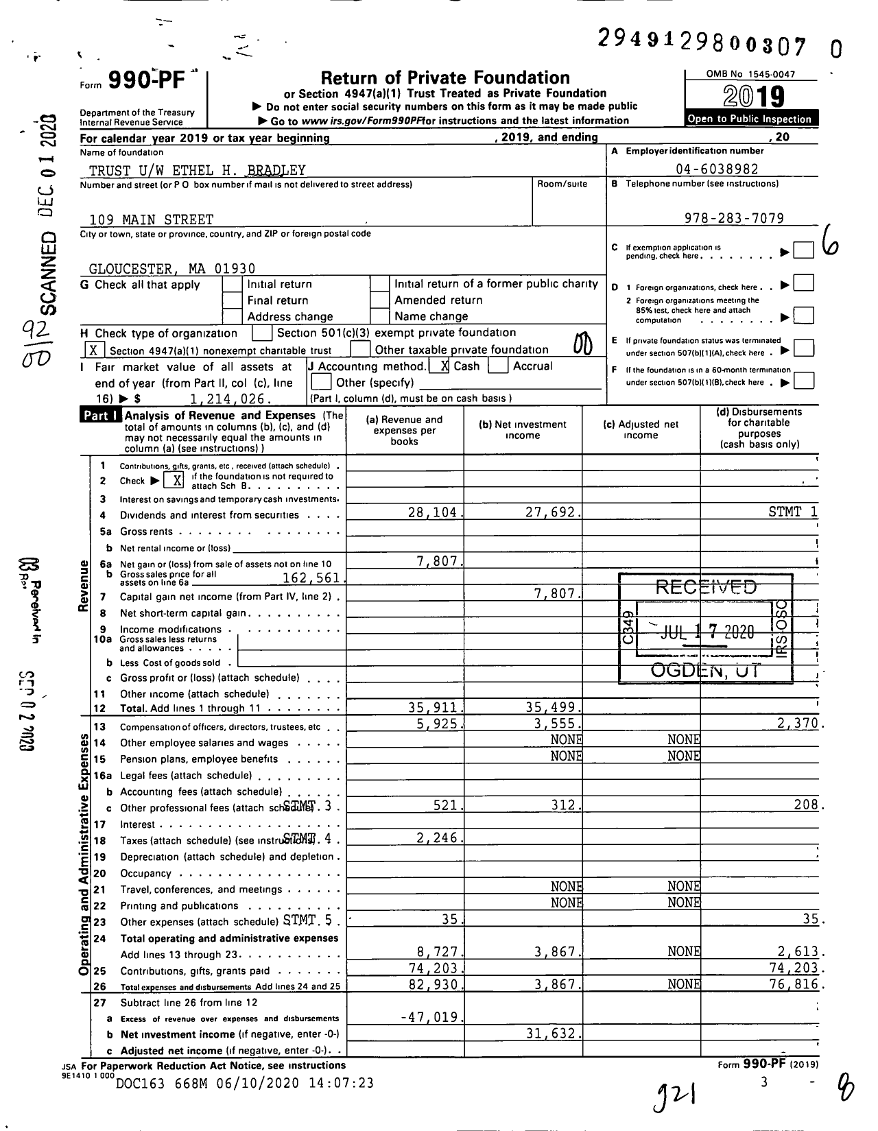 Image of first page of 2019 Form 990PF for Trust Uw Ethel H Bradley