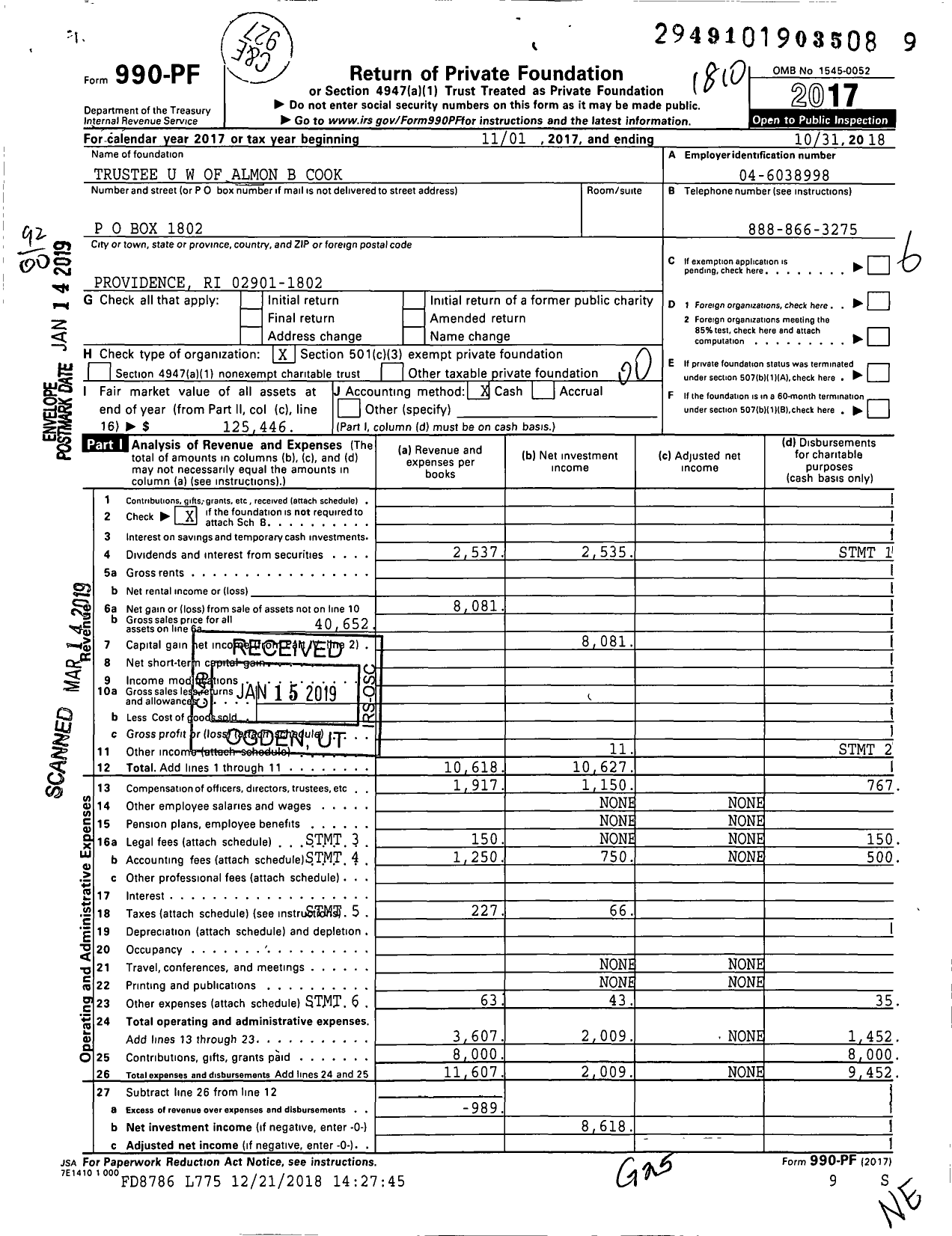 Image of first page of 2017 Form 990PF for Trustee U W of Almon B Cook