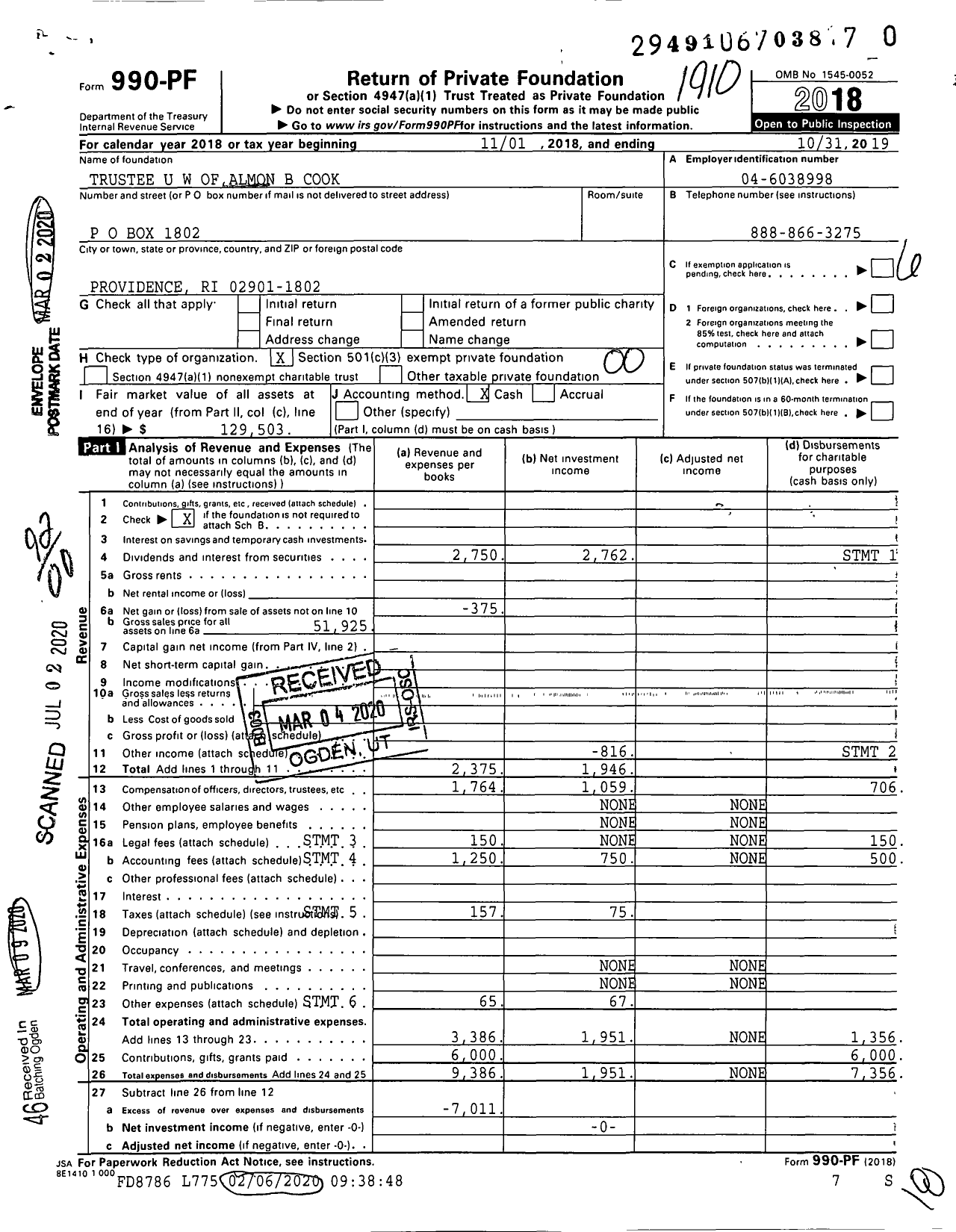 Image of first page of 2018 Form 990PR for Trustee U W of Almon B Cook