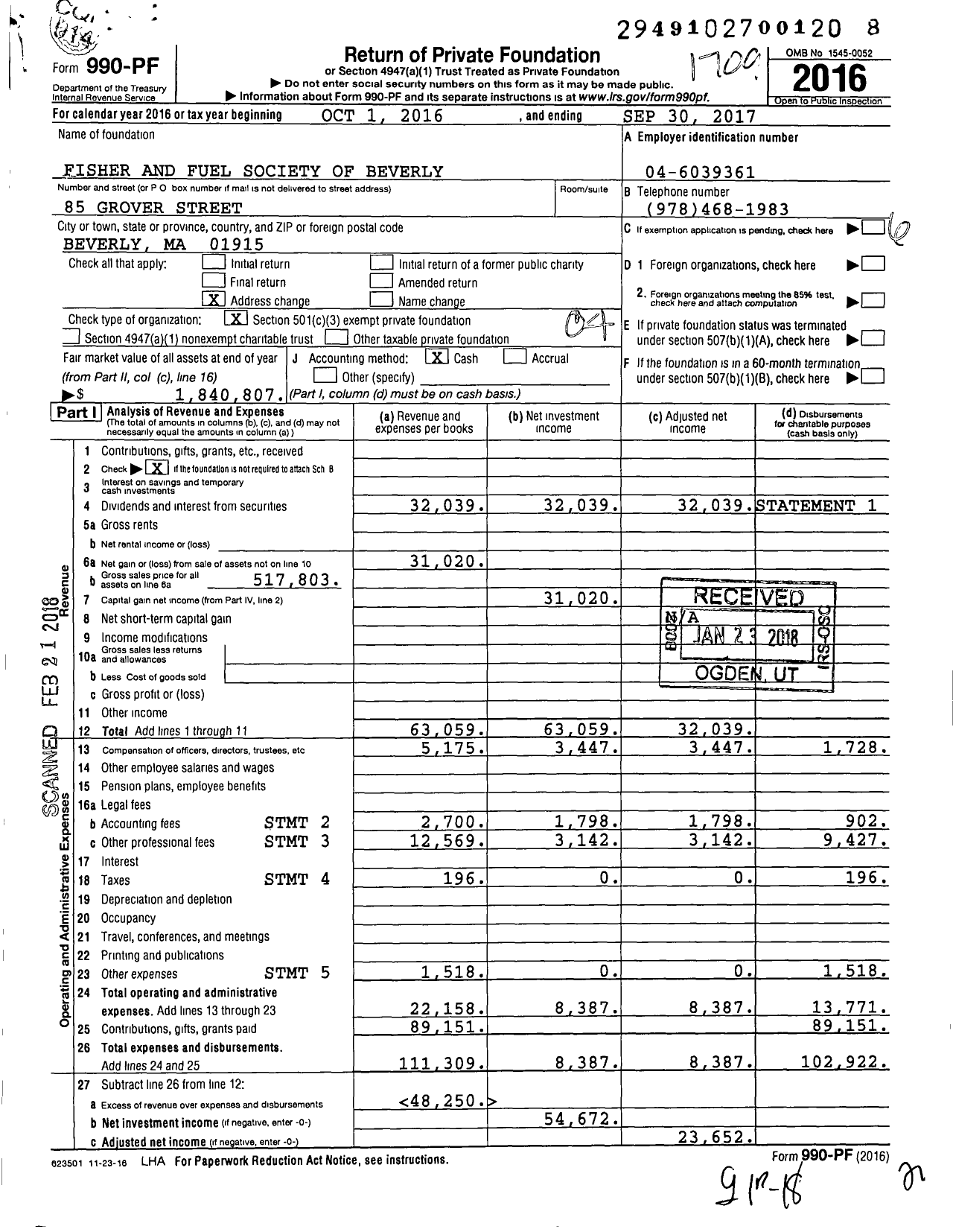 Image of first page of 2016 Form 990PF for Fisher and Fuel Society of Beverly