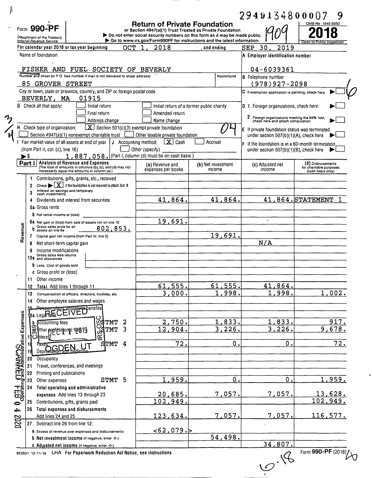 Image of first page of 2018 Form 990PF for Fisher and Fuel Society of Beverly