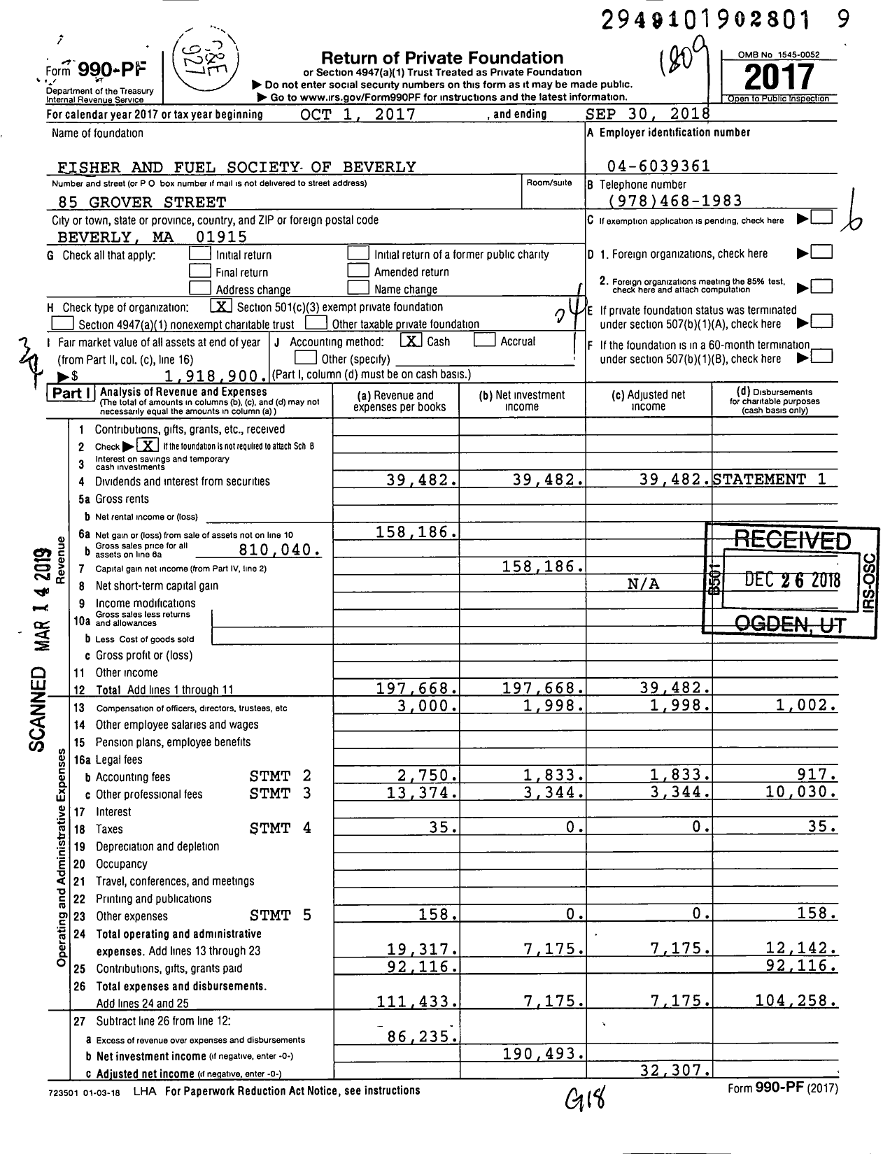 Image of first page of 2017 Form 990PF for Fisher and Fuel Society of Beverly