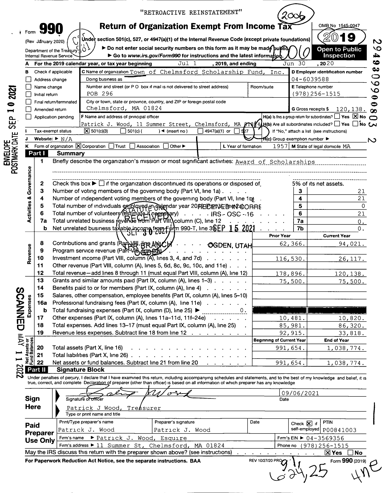 Image of first page of 2019 Form 990 for Town of Chelmsford Scholarship Fund