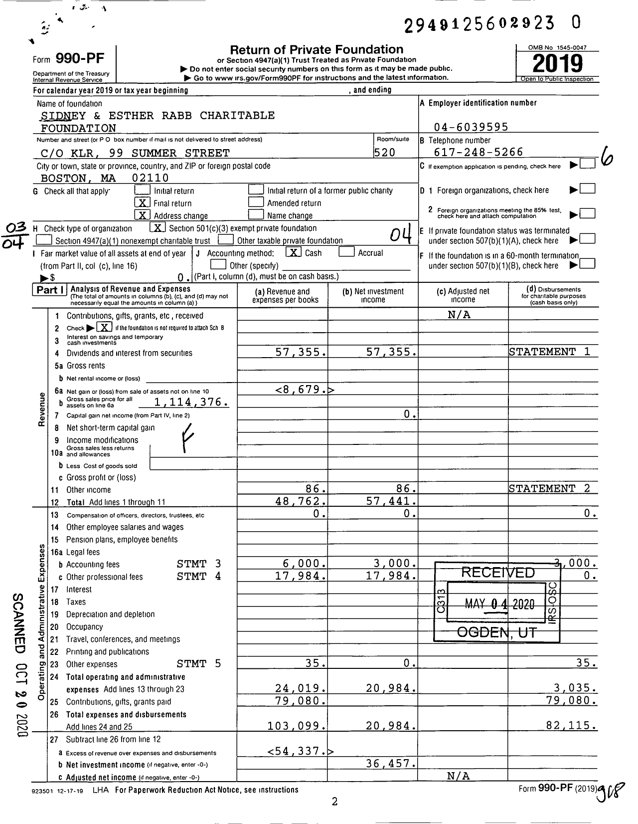 Image of first page of 2019 Form 990PR for Sidney and Esther Rabb Charitable Foundation