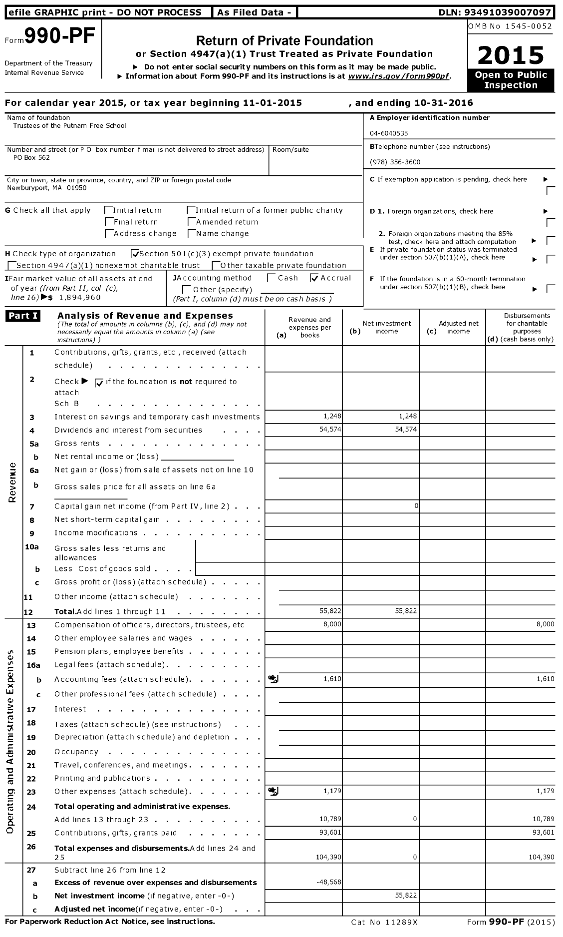 Image of first page of 2015 Form 990PF for Trustees of the Putnam Free School