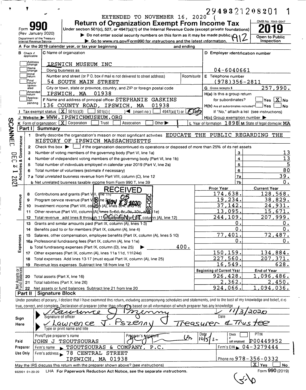 Image of first page of 2019 Form 990 for Ipswich Museum